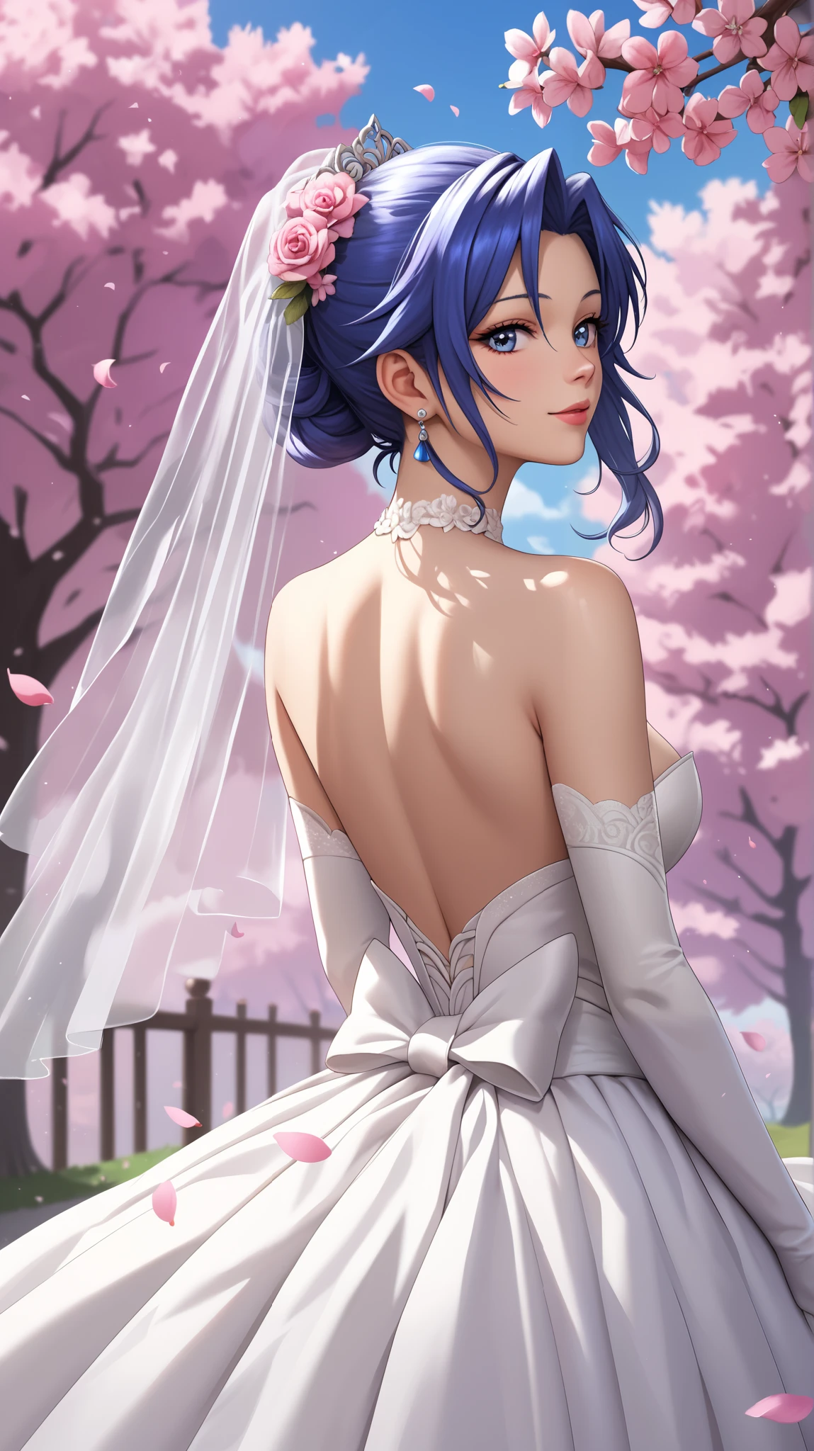 kazanari_tsubasa, 1girl, Wedding Dresses , White Wedding Dress , Long skirt , wedding , Under the cherry blossom tree background , Cherry blossom petals are falling , outdoor , wedding , close-up of the upper body , The sky is beautiful , white gloves , Make eye contact with the camera , back figure , looking back ,