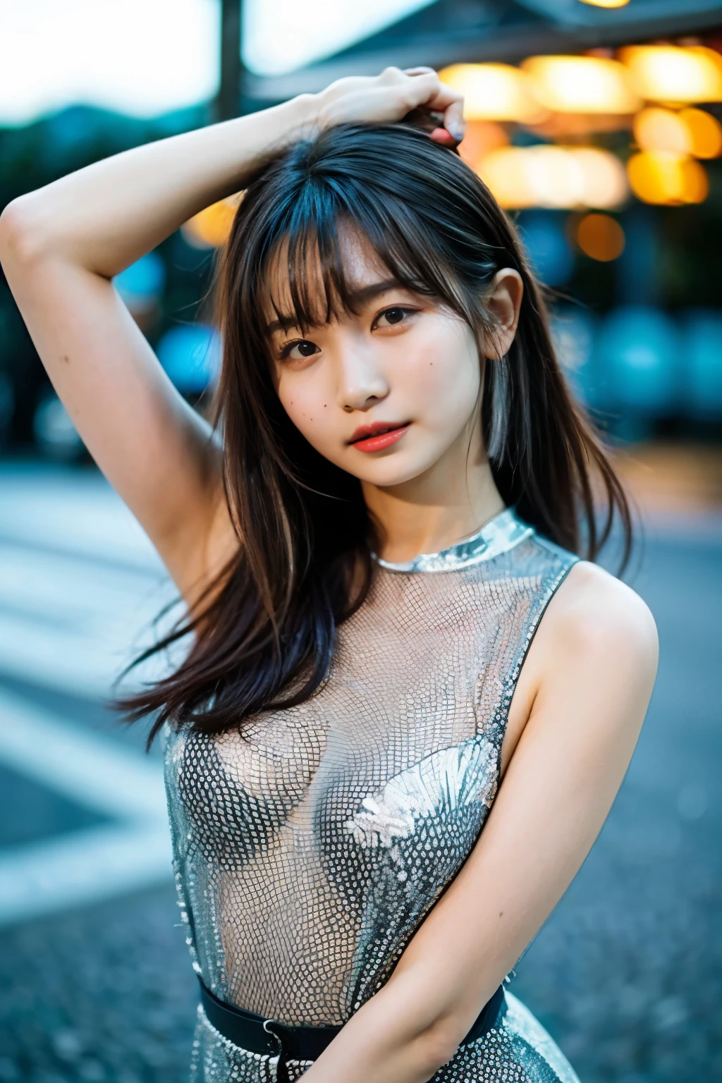 One girl, Tokyo Street,night, Cityscape,City lights,Upper Body,close,smile,, (8k, RAW Photos, highest quality, masterpiece:1.2),(Realistic, photo-Realistic:1.37),