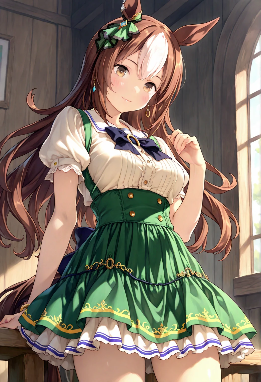 Anime girl dressed as a maid posing outdoors in the park, (masterpiece:1.2), (highest quality:1.2), Portrait, Curvy but slender body, perfect eyes, perfect face, perfect lighting, 1 girl, long hair, wavy hair, fine clothes, detailed outdoor background, compensate, eye shadow, thick eyelashes, fantasy, (maid), whole body, alice in wonderland, Bright and beautiful face, young shiny glossy white shiny skin, the best beauty, the most beautiful bright dark brown hair in the world, thin hair, super long wavy hair, Shining beautiful bangs, Shining crystal clear big aqua eyes, Very beautiful lovely 20 year old most beautiful girl in the world, big rounds breasts, she looks back, from behind, from below, leans forward, beautiful rounded buttocks, ((She shyly lifts her skirt to show her panties))