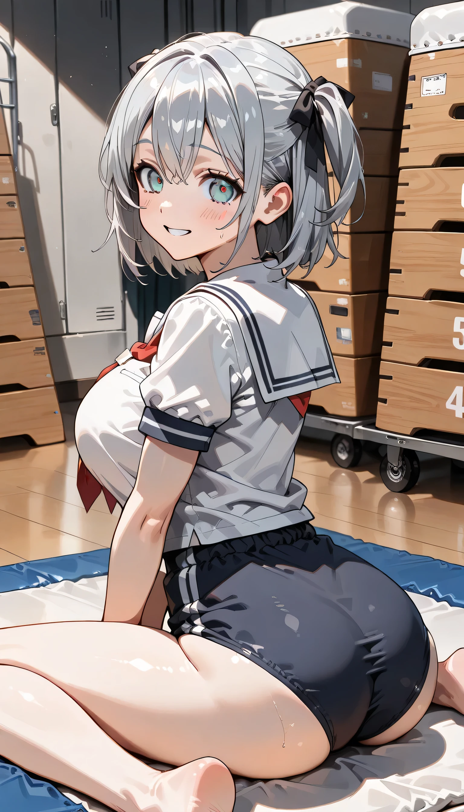 ((ultra-detailed)), (highly detailed CG illustration), (best quality:1.2), ultra-highly, 20 years old0 girl, dainty facial structure, (), (round face), ((rounded chin:1.2)), ((ideal ratio body proportions)), celia-default, celia claire, blue eyes, moist eyes, silver hair color, two side up, (hair ribbon with red), ample breasts, ((white sailor school uniform:1.4)), (red tie), (navy blue school gym buruma:1.4), ((smile:1.4)), ((happy:1.4)), ((joyful:1.4)), ((full face blush:1.2)), ((Sweat:1.4)), ((looking at viewer)), ((sitting on floor)), ((wariza:1.4)), ((V arms)), (gymnasium storeroom), (sitting on a gymnastics mat), ((from behind)), ((turn around)), dynamic pose, contrapposto pose, best quality, expecting, pink cheek, blush, light pink gloss slip, portrait, depth of field, ((sparkling sunlight:1.4)), lighting, backlighting, (shine), lighting, caustics, ray tracing, perfect face, lustrous skin, highly detailed face, highly detailed eyes, perfect face, perfect nose, perfect hair, perfect eyes, perfect anatomy, beautiful hair, beautiful small face, extremely detailed face, beautiful detailed eyes, beautiful clavicle, beautiful body, beautiful huge breasts, leavage, breasts squeezed together, equalize the size of the left and right breasts, beautiful thin thighs, beautiful legs, beautiful fingers, ((4 fingers)), 1 thumb, lovely, (very detailed background:1.0), (highly detailed background:1.0), summer aesthetic, intricate details, festival atmosphere, summer colors palette, chromatic aberration