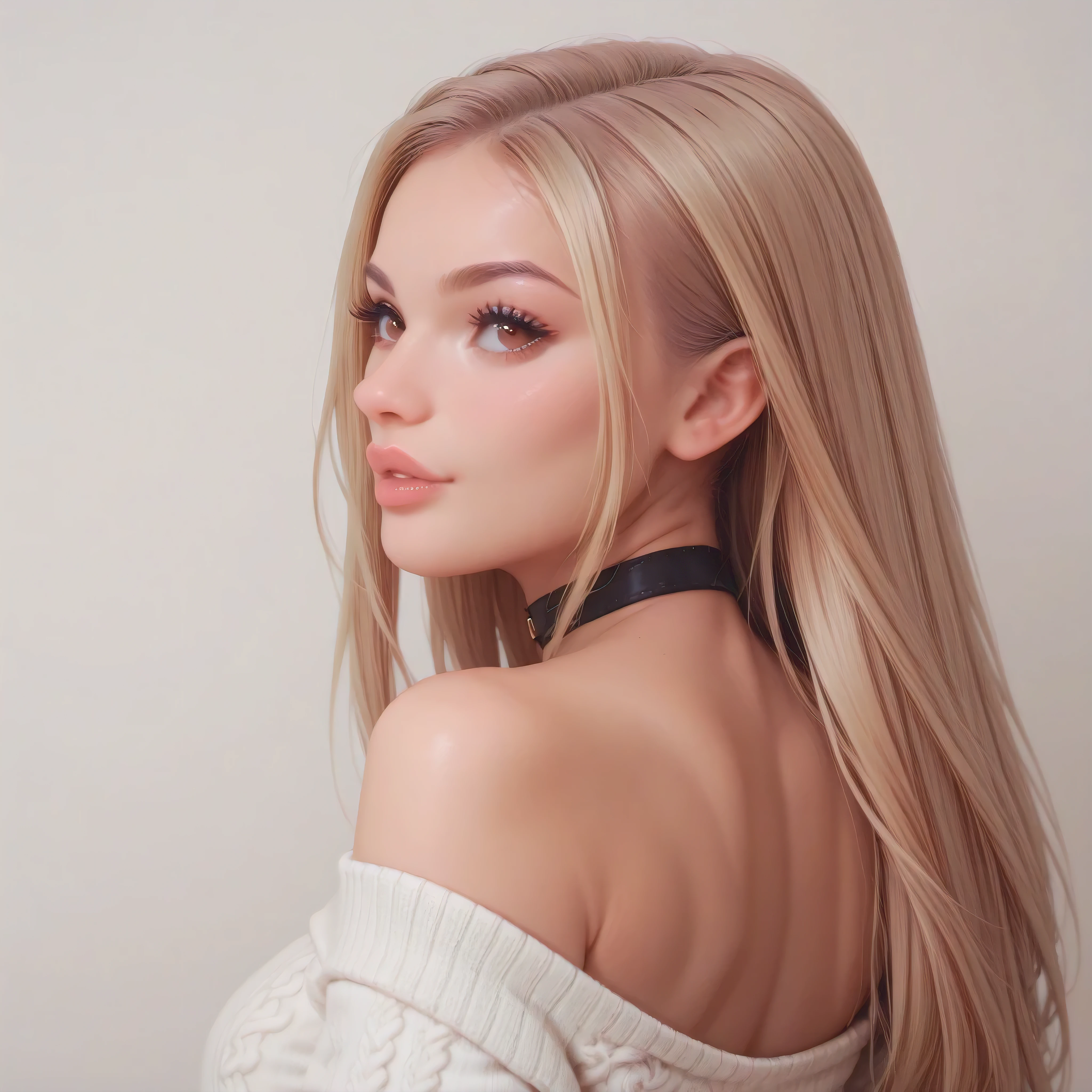 a girl, blonde hair, long hair, brown eyes, back view, portrait, cropped sweater, choker