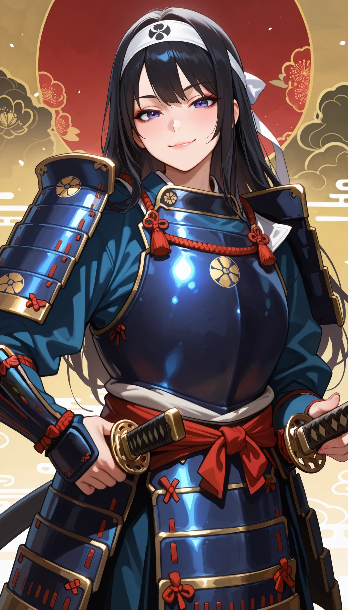 (((Best quality, 8k, Masterpiece: 1.3)), ((best quality)), ((masterpiece)), (detailed), perfect face, perfect body, (detailed skin:1.3), (intricate details), Samurai, armored warrior, samurai armor, Japanese, black hair, long hair, white headband, katana, Japanese sword, Seductive smile, beautiful woman, shiny hair, sexy