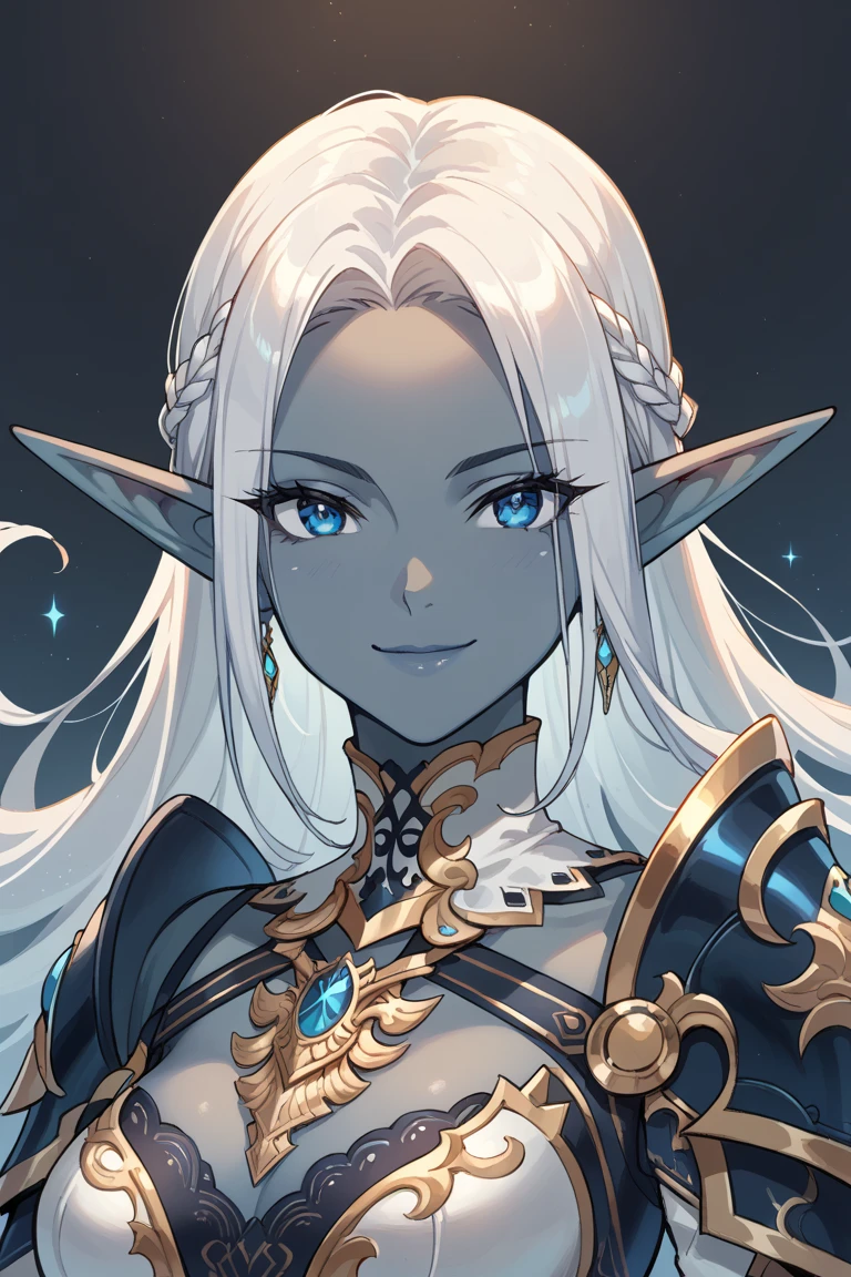 beautiful dark-skinned elf woman, white hair, blue dress, standing in a garden, beautiful detailed eyes, beautiful detailed lips, extremely detailed face, long eyelashes, elegant, mature, photorealistic, 4k, hyper-detailed, dramatic lighting, warm color tones, fantasy art, digital painting