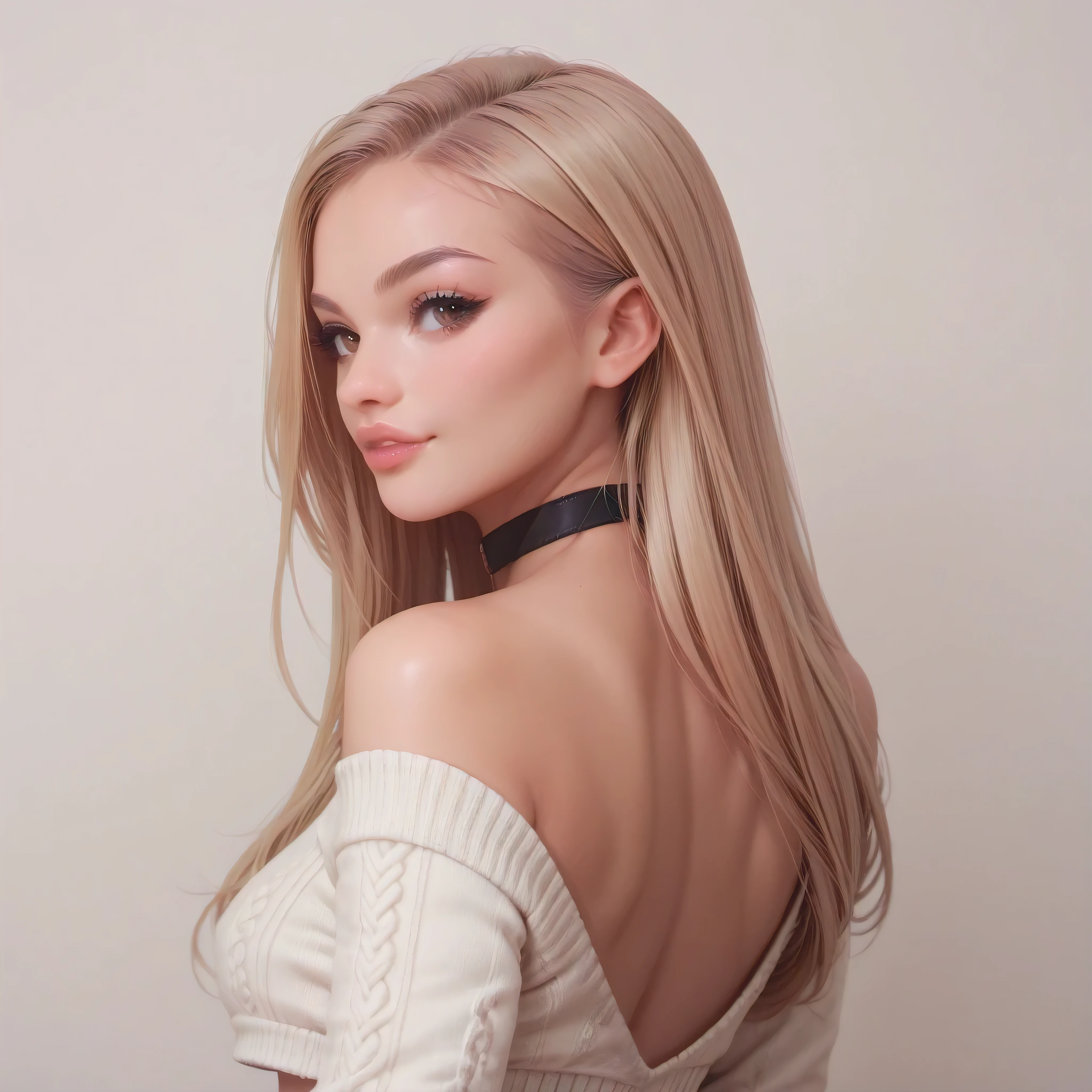 a girl, blonde hair, long hair, brown eyes, back view, portrait, cropped sweater, choker