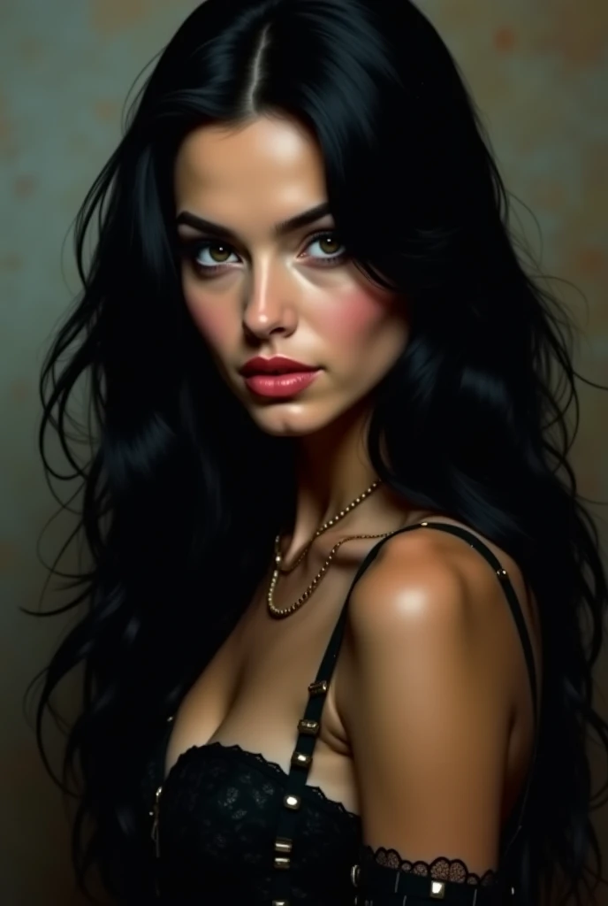 um desenho de uma mulher com seios grandes em um vestido preto, Megan Fox Retrato, Retrato de Megan Fox, portrait of megan fox as demon, pintura sexy de gal gadot, Retrato de Megan Fox como uma rainha, Retrato de Kim Kardashian, airbrush on canvas, mulher detalhada, mulher extremamente detalhada, desenho fosco. master part, monochromatic airbrush painting
