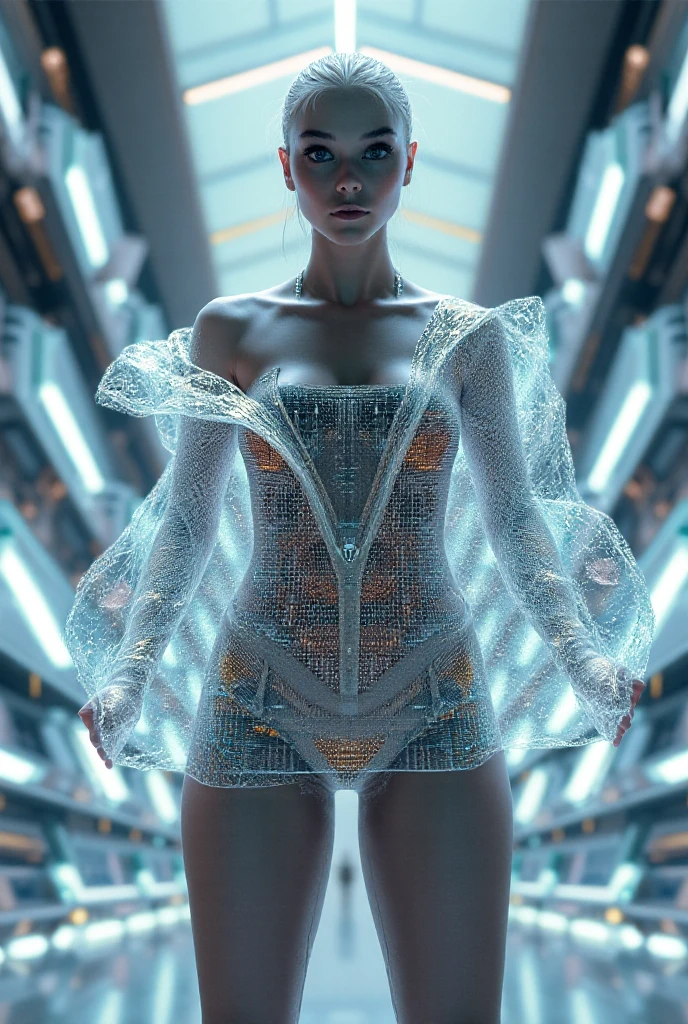 Female Android,Her whole wet body is visible, Large Breasts,She is naked from the waist down, (((She is in the water.))), (((See-through body, Transparent glass body)), (((Clear images of your electronic systems))), Detailed Brain Vision, Many detailed connection lines, Mechanical Limbs, Tubes connected to machine parts, Mechanical vertebrae attached to the spine, Mechanical cervical attachment to the neck,Joints are mechanical,Wires and cables connected to the head, (((whiteい液体のプールの中で)), cybernetics, cyber punk, Canon M50, 100mm, Sharp focus, Hyperrealism, Very detailed, Intricate details, whole body画像, Small glowing LED lamp, Global Illumination, Deep Shadow, Octane Rendering, 8K, Ultra Sharp, Metal, Exquisite decorative details, Baroque details, Very useful details, Realistic Light, To the camera, Neon Details, Complex body poses, (Android Factory Background), A breathtakingly beautiful female humanoid cyborg android, Transparent muscle, Impressive big eyes, Delicate features, Future SF, Complex transparent mechanical parts, 光るサイバネティックインプラントがwhole body 
多数, Active Pause, Surreal, Realistic, masterpiece, 8K, Very detailedな, Cinema Lighting, Dramatic Shadows, Vibrant colors, very saturated, Neon Highlights, Glowing Energy Field, Complex Machinery, Sleek and modern, State-of-the-art technology, Advanced AI, Seamless integration of organic and mechanical elements,Portraiture,Long Hair,whole body,Long legs,Wet Hair,Disheveled Hair,white,Wet body,Fetal position,Underwater Photography,Bubble,