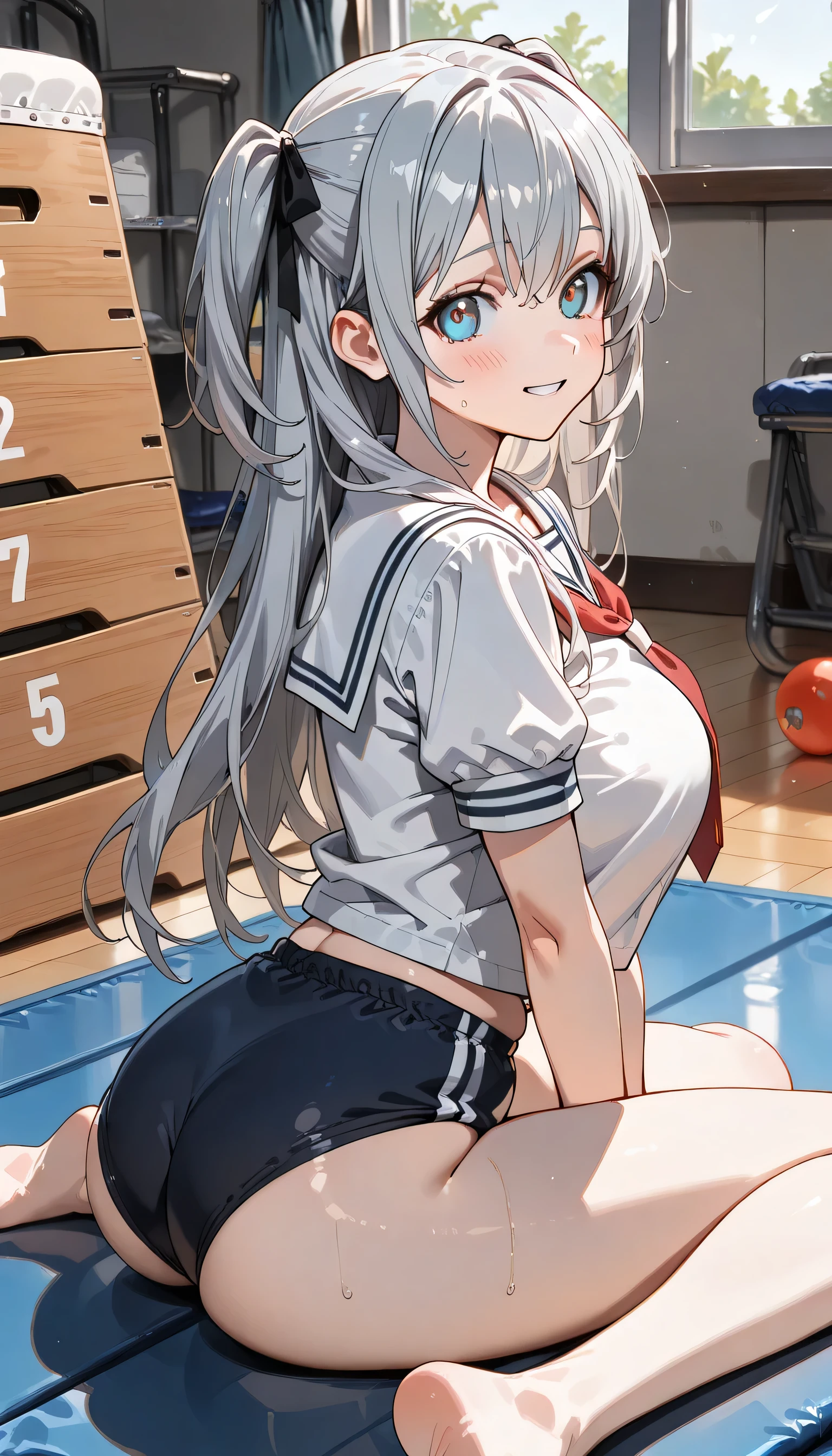 ((ultra-detailed)), (highly detailed CG illustration), (best quality:1.2), ultra-highly, 20 years old0 girl, dainty facial structure, (), (round face), ((rounded chin:1.2)), ((ideal ratio body proportions)), celia-default, celia claire, blue eyes, moist eyes, silver hair color, two side up, (hair ribbon with red), ample breasts, ((white sailor school uniform:1.4)), (red tie), (navy blue school gym buruma:1.4), ((smile:1.4)), ((happy:1.4)), ((joyful:1.4)), ((full face blush:1.2)), ((Sweat:1.4)), ((looking at viewer)), ((sitting on floor)), ((wariza:1.4)), ((V arms)), (gymnasium storeroom), (sitting on a gymnastics mat), ((from behind)), ((turn around)), dynamic pose, contrapposto pose, best quality, expecting, pink cheek, blush, light pink gloss slip, portrait, depth of field, ((sparkling sunlight:1.4)), lighting, backlighting, (shine), lighting, caustics, ray tracing, perfect face, lustrous skin, highly detailed face, highly detailed eyes, perfect face, perfect nose, perfect hair, perfect eyes, perfect anatomy, beautiful hair, beautiful small face, extremely detailed face, beautiful detailed eyes, beautiful clavicle, beautiful body, beautiful huge breasts, leavage, breasts squeezed together, equalize the size of the left and right breasts, beautiful thin thighs, beautiful legs, beautiful fingers, ((4 fingers)), 1 thumb, lovely, (very detailed background:1.0), (highly detailed background:1.0), summer aesthetic, intricate details, festival atmosphere, summer colors palette, chromatic aberration