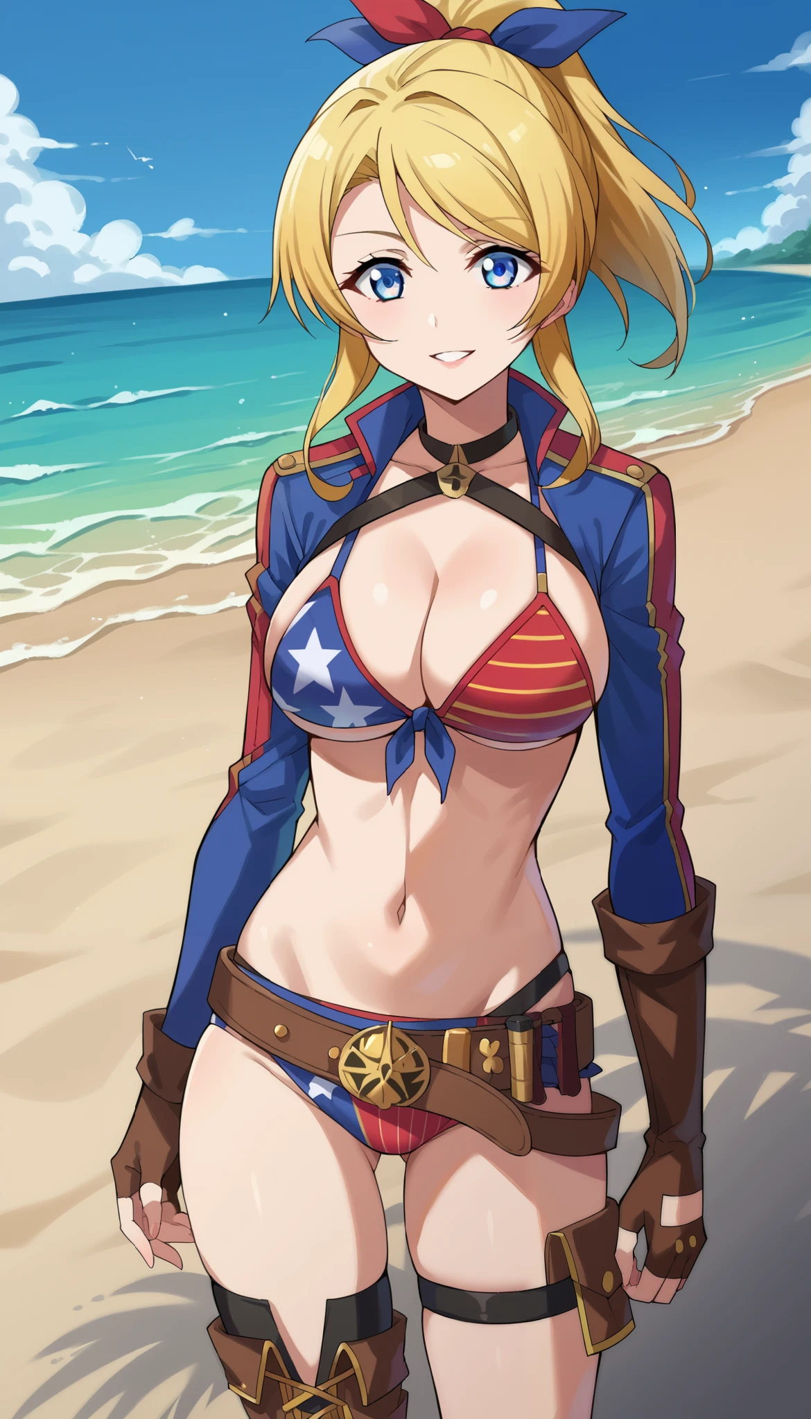 Masterpiece, 1 girl, Solo, Best quality, A high resolution, Blonde hair, ahoge, Blue eyes, american flag bikini, mini plaid skirt, Collar, bikini top only, Smile, Cowboy shot, hand on hips, Nevada desert background, white thighhighs, Large breasts, cleavage, Open jacket, sleeves past wrists, cowboy hat