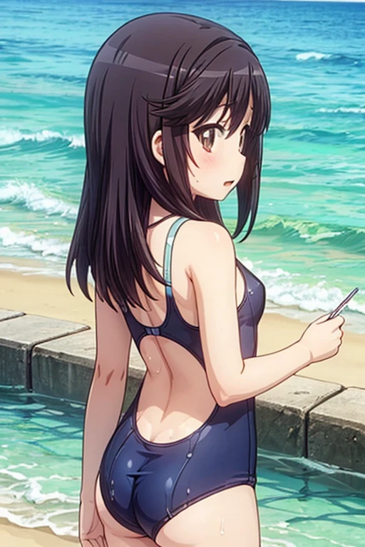 av idol, 32-years-old dark tan skin with long blue hair and eyes Wearing a Strapless Swimsuits, beach pier background, leaning forward, hands on knees