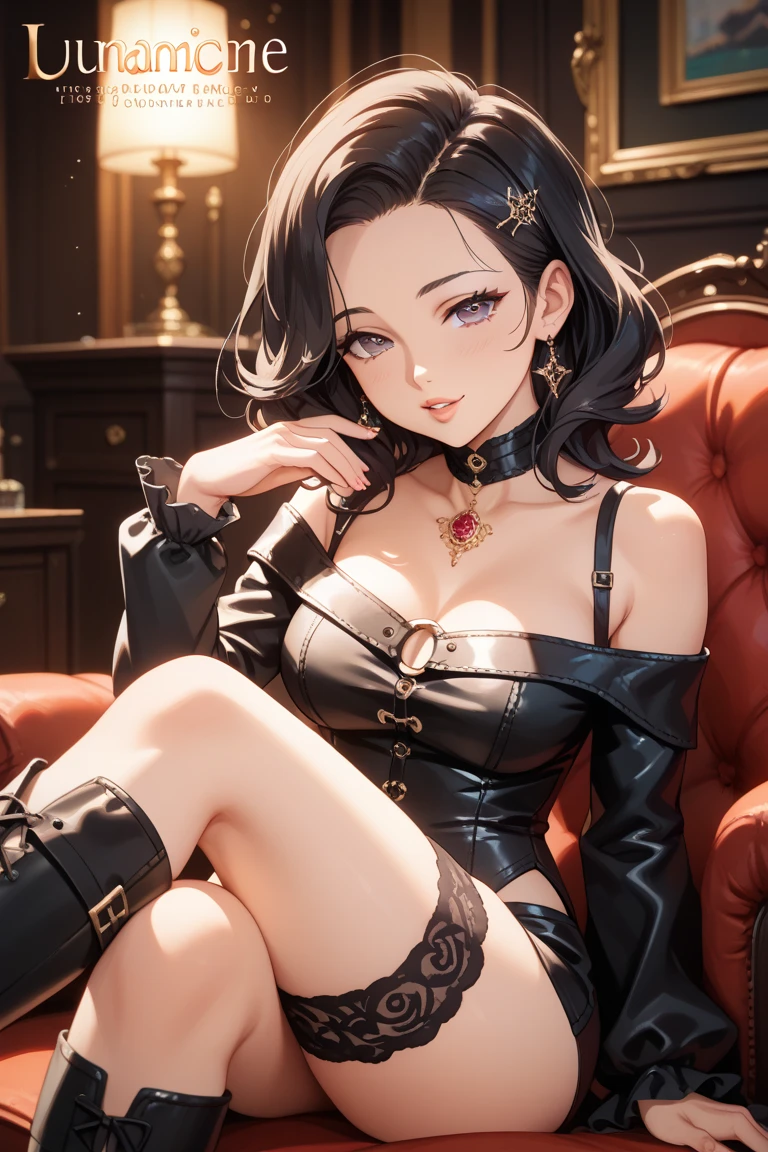 (Melina, Elden Ring), 1 girl, (full body shot), masterpiece, smirk, dynamic pose, dynamic angle, (ball gown:1.2), split thigh dress, siting on chair, showin her golden high heels, high heels, stocking, looking at viewer, tavern