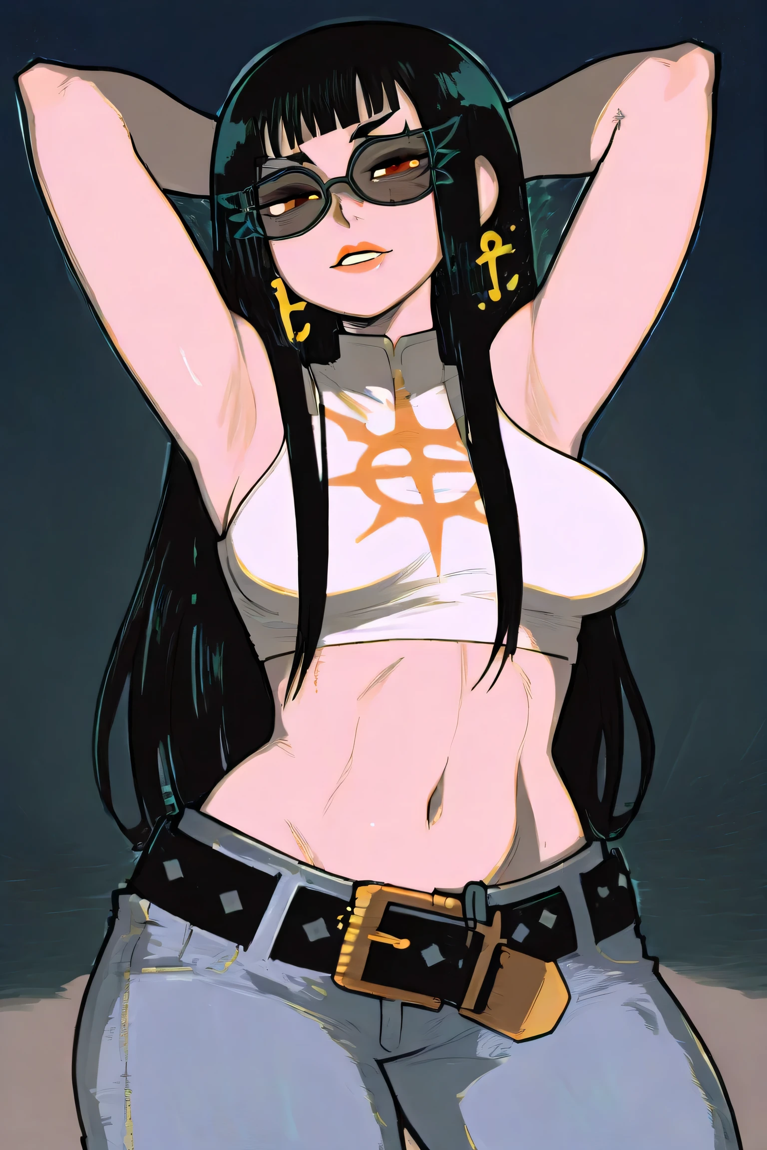 She is a confident and self-assured girl who radiates charisma and strength. Her long black hair falls loosely over her shoulders, emphasizing her bold image. Her dark glasses hide her eyes, giving her a look of mystery and cold confidence.
She is wearing a short white top that emphasizes her slim figure and jeans that fit perfectly. A stylish belt with a spectacular buckle adds personality and completes her fashionable look. On her abdomen is an elegant tattoo, a symbol of her independence and character.
Her posture speaks for itself: a slight tilt of the hips, hands at the waist or casually placed behind the head, a confident turn of the body.