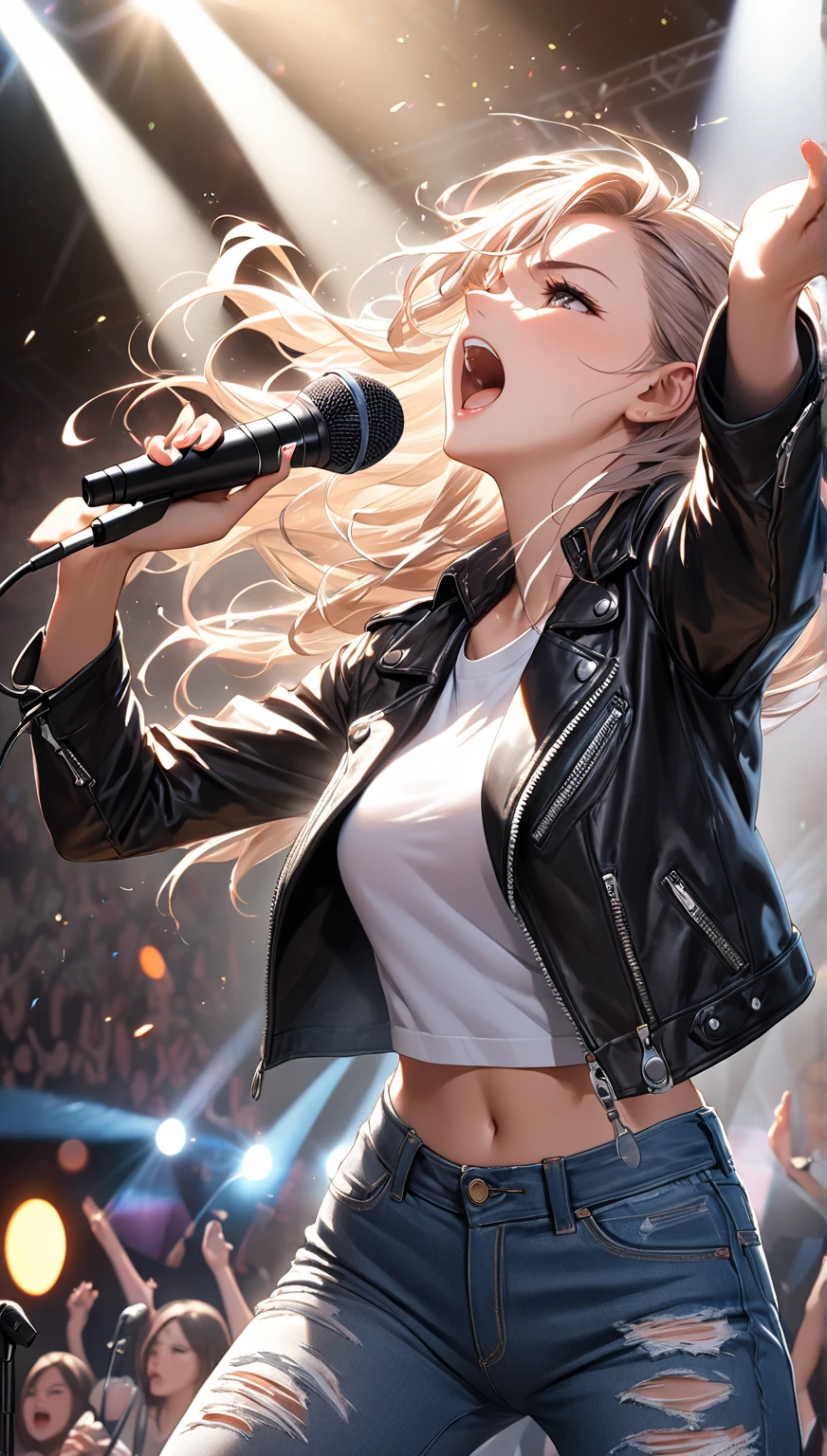 ((Biologically correct limb count))、(( Illustrations including faces))、4K、Masterpiece、((Focus on the face))、((Symmetrical, well-proportioned facial features))、Eyes with delicate depictions、Beautiful woman、Outstanding style、Slender Body、(shirt、High heels、((skirt)))、(Looking up、smile)、((Upper body close-up))、The background is a concert hall、((Realistic photo))、profile、((Fantastic photos)))、live、Idol、Hold the microphone on both ends