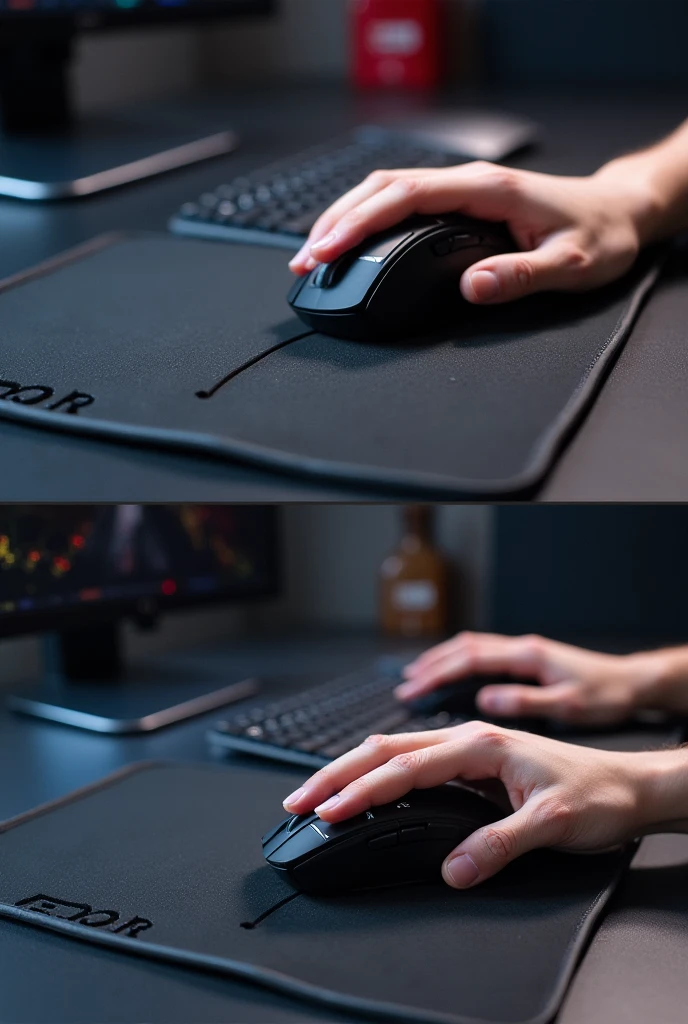 In front of the computer there are left and right hands, there is a keyboard and mouse 