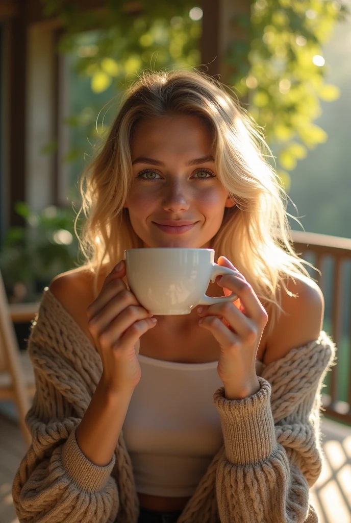 ((Long shot)) Blonde influencer with long, naturally wavy hair, Medium height, has large breasts, sitting drinking coffee, Combines classic streetwear pieces, sandals, with high-quality accessories, such as designer bags or luxury watches, to create a modern and stylish look, attractive, 8k, super detailed, realistic, details Intricate and realistic skin texture, realistic hair, texture, fun, 8k uh, best quality, high resolution, attention to detail, very big breasts, big ass , lush ass, long range, wide angle