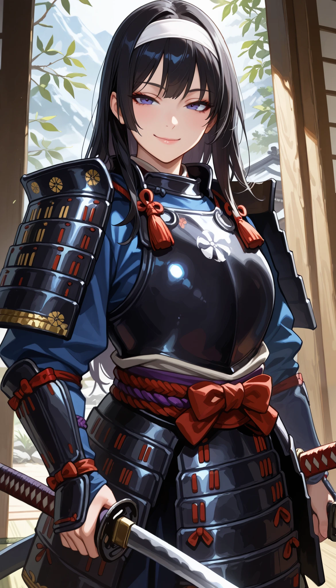 (((Best quality, 8k, Masterpiece: 1.3)), ((best quality)), ((masterpiece)), (detailed), perfect face, perfect body, (detailed skin:1.3), (intricate details), Samurai, armored warrior, samurai armor, Japanese, black hair, long hair, white headband, katana, Japanese sword, Seductive smile, beautiful woman, shiny hair, sexy