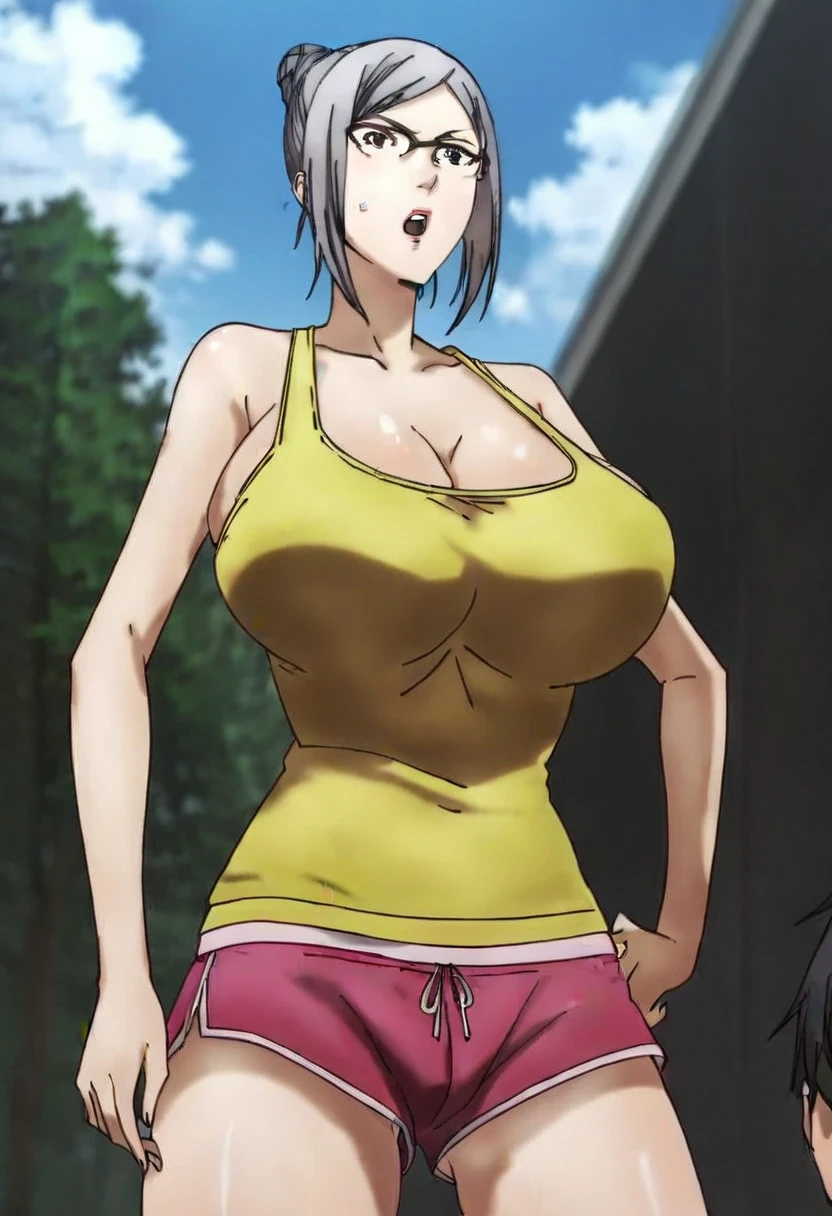 masterpiece, (high quality:1.1), intricate details, cinematic lighting, motion lines,
IkumiSunohara, 1girl, mature female, milf, solo, standing, legs apart, (grabbing own ass:1.1), from behind, palms,
(looking at viewer:1.1), blush, teeth, smile,
short hair, brown eyes, earrings, shiny, lips,
(two-tone T-shirt:1.1), yoga pants, cameltoe,
large breasts, thighs, ass,
outdoors, park, bench, tree,