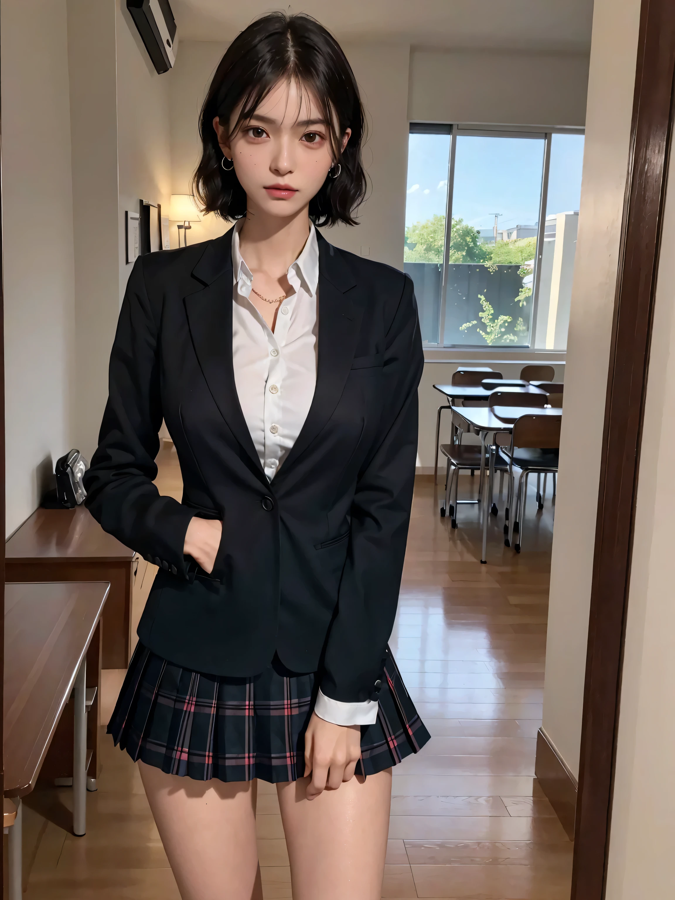 (8K), (highest quality: 1.2), (realistic), (realistic: 1.37), ultra high resolution, 1 girl, cute, smile, closed mouth, beautiful details, beautiful nose, black eyes,beautiful black hair,,giant dulcefo, pork, self snap,University Student Uniform,Sitting on a couch in a fast food restaurant,simple blazer,gray pleated skirt,(The tie has a tartan check pattern...:1.3),(From above),navy high socks
