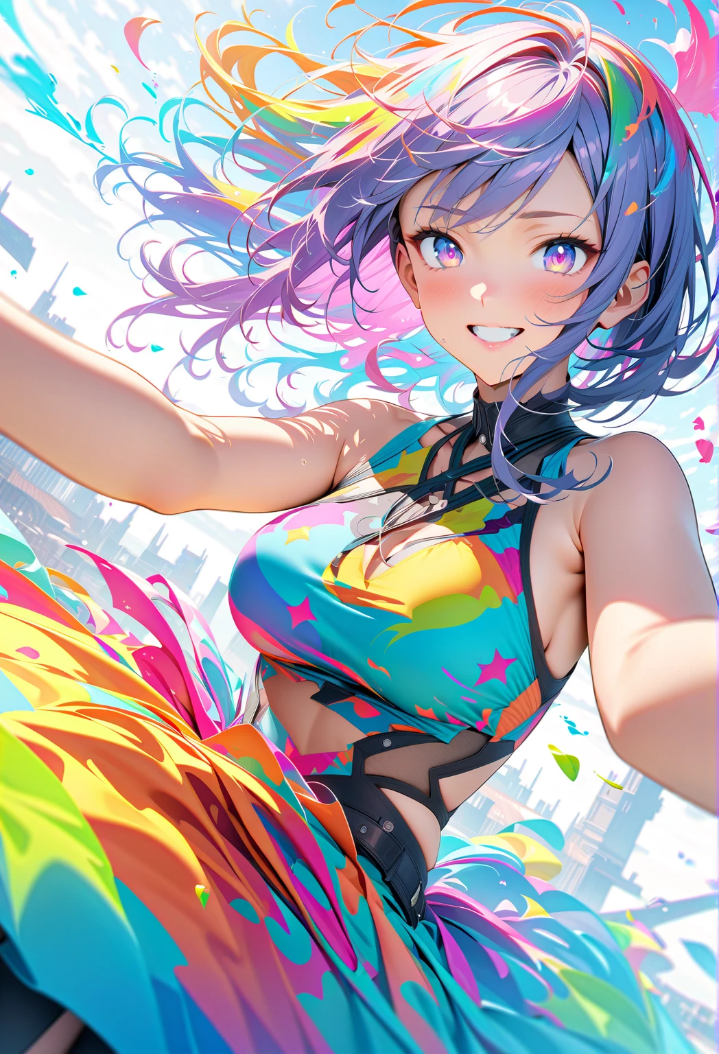 Anime Girls, (Latest Trend Fashion), Cowboy Shot ,(Vampire), (Big Breasts:1.3), Black hair color, ((Superior:1.3, Perfect Eyes ,Beautiful and detailed, レインボーな超become close,Fluorescent green eye glow:1.1, Gradient Eye:1, Beautiful become close eyes:1, Symmetrical eyes:1, Big Eye Highlights:1.2)), Grin, blush, mischief, In a psychedelic room, Visual Tranceのイラスト, Visual Trance, psychedelic art style, Neon Color Theme, (((masterpiece))), (Complex), 8k, Highest quality, (Visual Strength: 1.5), Five Fingers, anatomy
(((liquid paint hair:1.1))) ((Painted、Defying Gravity,Thick flow),(Paint splashes:1.3), (Shiny Hair: 1.3), (Bright colors), Dynamic pose, Embarrassing,in the center,Scale to fit,Three-part method, Liquid coating stop,
Colorful background, Colorful Themes, Splash paint play, Beautiful light, Colorful light particles,High contrast in clothing, Color Splash, Color Drawing Wall, Complex become close, Exposure Blending, High resolution, (Graffiti art),more_become close:0.5,
