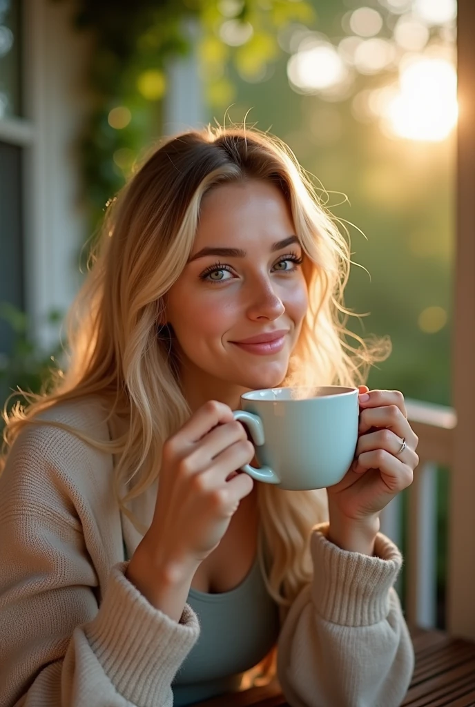 carla, ultra-realistic, woman with long, wavy hair, sitting at a cozy kitchen table during breakfast, soft morning light coming through the window, wearing a cute and slightly revealing pajama top, holding a cup of coffee with a playful smile, surrounded by a delicious spread of croissants, fruits, and a laptop slightly visible on the side, highly detailed skin, photorealistic, warm and inviting atmosphere