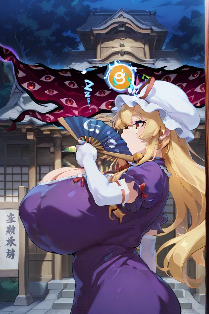 1girl, top-heavy figure, ((((incredibly big chest)))), ((((big tits)))), (((saggy chest))), pout, embarassed, shortstack, short woman, small height, mature, standing, full body, obese, fatty, out of shape, bbw, ssbbw, Matara Okina (Touhou), blond hair, long hair, orange eyes, long white dress, orange tabard