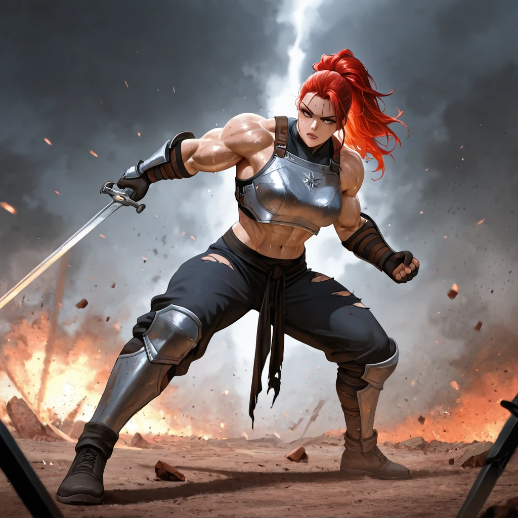 1 woman with black costume with parts in gold of maid/Kratos and behind in the background a Giant Tiran holding a giant stone, she is with the clothes very tight in the body, immense breasts, scars in the eye, tattoo for the whole body, (blood in the face and body), she has (green eyes), (red mohawk hair), perfect anatomy, (body and clothes all wet), sword fencing pose, looking directly at the viewer from front, with glare and expression of fury, spartan weapons, in an apocalyptic time raining very heavily, God Of War, Masterpiece, reflection of shadow on the ground, Unreal Engine 5, Anime, Ultra detailed, High Quality, 16k, anatomically correct