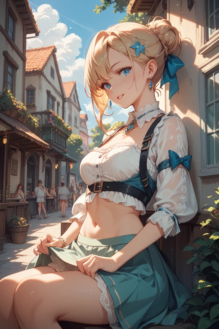 flat chests, nsfw, masterpiece, 1 girl, erect nipples, intricately detailed, topless, pubs, table, crowd, navel, bare shoulders, necklace, milk glass, tavern, inn, pub, crowd, maid skirt, waist apron, blonde hair, embarassed, smiling, extremely detailed, photorealistic, octane render, 8 k, unreal engine, bare breasts, nipples, aqua eyes, carrying beer tray, bare stomach, sweaty, people on background, oktoberfest, smiling, open mouth, moist breath, child, arm strap, 1 side braid, german skirt, head scarf