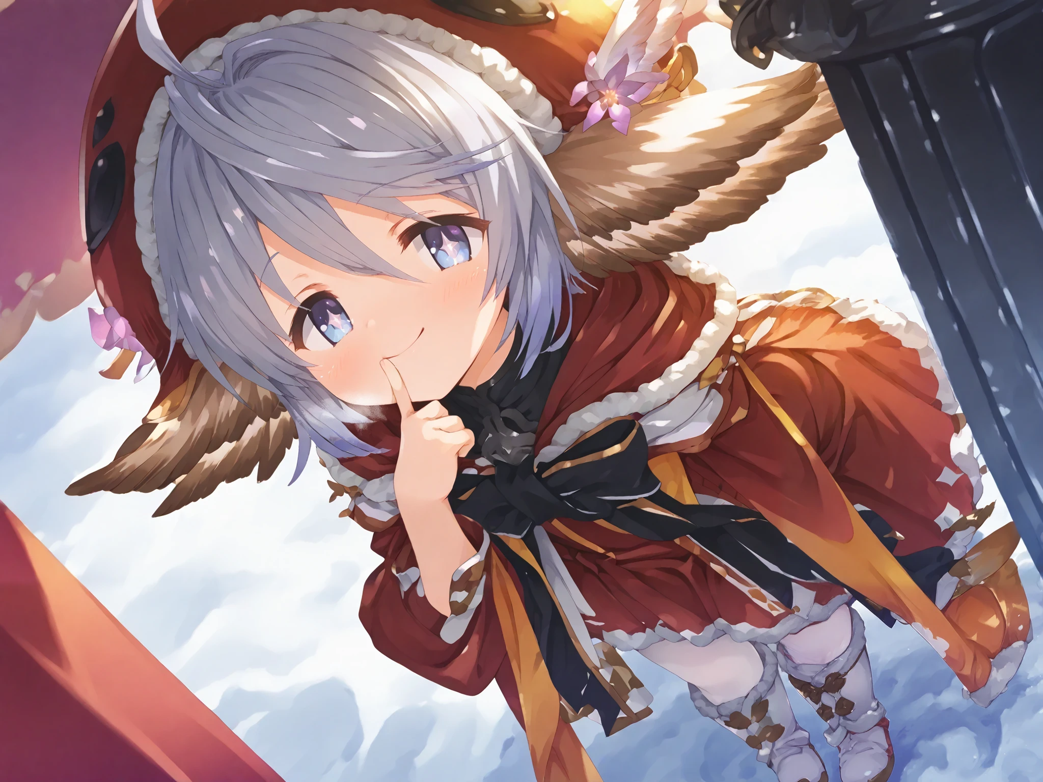 masterpiece,best quality,1 girl, gbfwam, short hair, animal ears, ahoge, blue eyes, + +, flower-shaped pupils, wamdus(Granblue Fantasy) ,blush,heavy breathing,,silver blue hair,Harvin,Short Hair,happy,wamdus (Holiday), red clothes,orange ribbon,red coat,red shirt,yuzusoft_early, full body shot,White boots,red hat, solo focus,White pantyhose
,Red inner, (wearing) a smug expression,(>:) / smile, closed mouth,aerial,reaching, red costume,short skirt,sleepy eyes,finger to mouth,Snowy landscape,4 finger,1 thumb,looks sleepy, her eyelids heavy, as if about to fall asleep,Stanging,leaning forward,red dress,