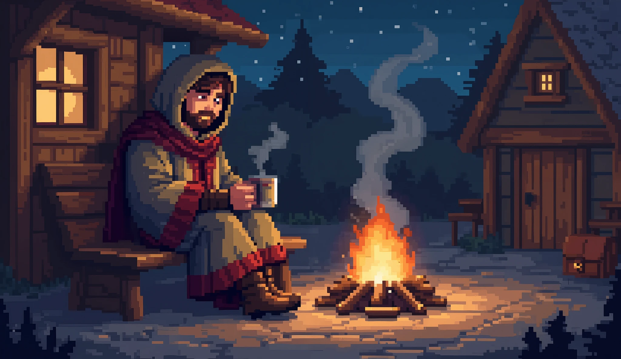 in the style of aziib_pixel. pixel art of A A lone traveler sits on a wooden bench by a roaring hearth in the center of a small, cozy village square. The traveler is wrapped in a thick, patchwork cloak, their hood pulled back to reveal a tired but content expression. They hold a steaming mug in both hands, their breath visible in the cool night air. Their boots are worn, and a satchel rests at their feet, hinting at a long journey. The traveler is positioned on the left side of the scene, facing the hearth, their posture relaxed and reflective.