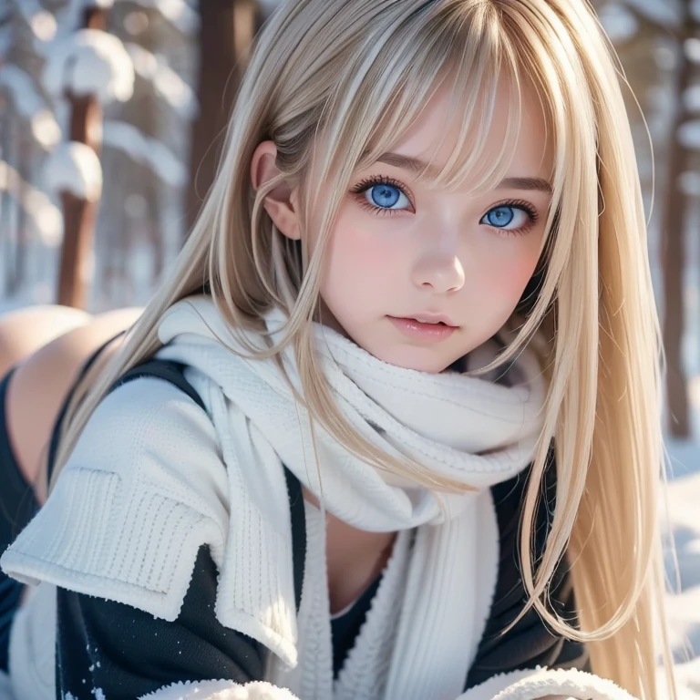 (raw photo: 1.2), (photorealistic: 1.4), (best quality: 1.4), (ultra highres: 1.2), (highly detailed: 1.3), (HDR: 1.2), (cinematic lighting: 1.3), (detailed eyes), (detailed facial features), (detailed fur), (snowy background: 1.2), blonde hair 8-year-old child, (body portrait 3/4: 1.2),, (soft fur: 1.2), (adorable:1.2), (looking at the viewer), (innocent expression), (soft lighting), (dreamlike), (fantasy:1.3), (ethereal:1.3),  (magical:1.2), (snowflakes: 1.2), (winter wonderland:1.3), (capricious:1.2), (funny:1.2).