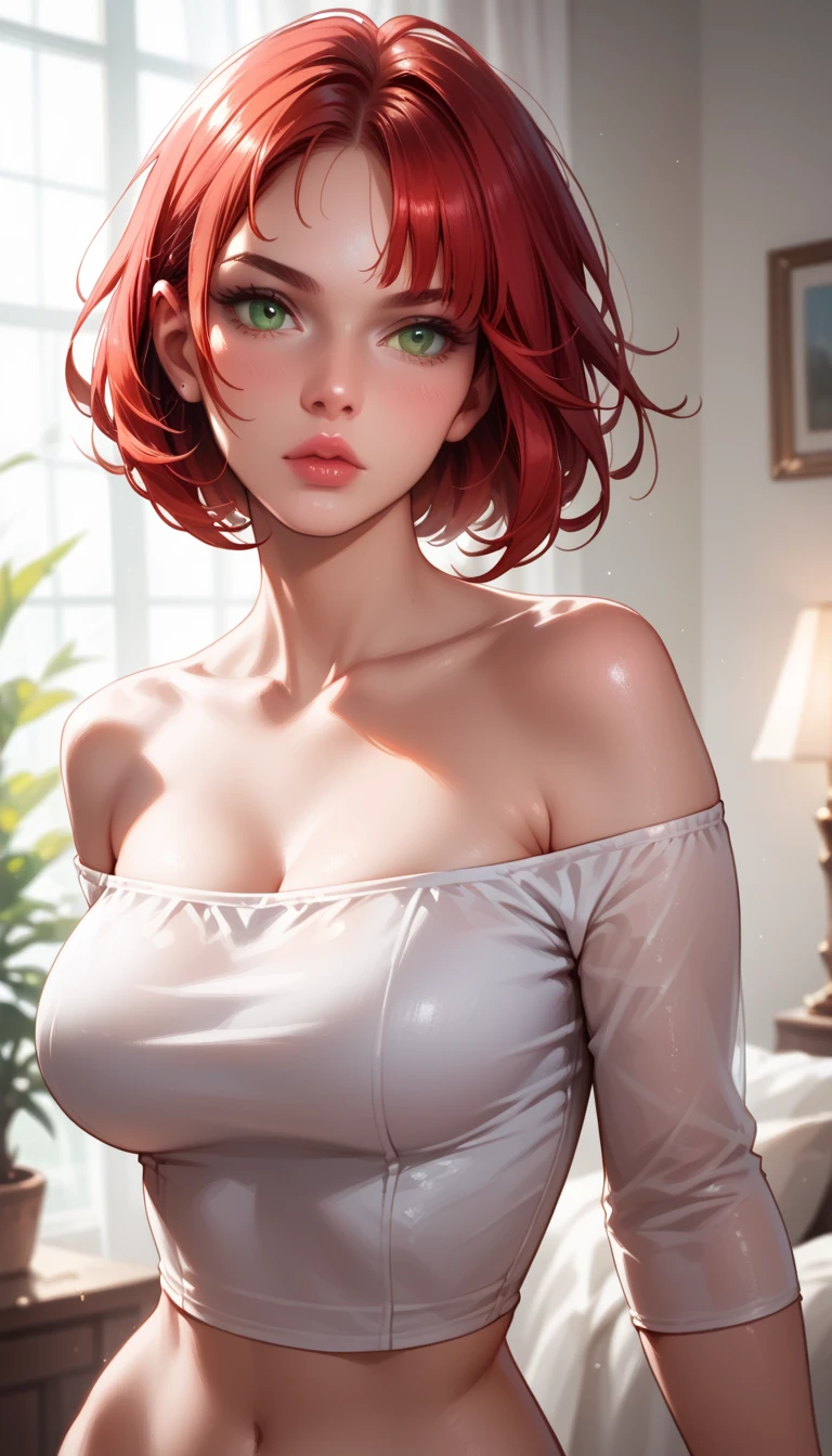 Dark Fantasy Punctuation Art_9, score_8_high, score_7_high, review_ questionable , Fantasy, Lighting, epiCPhoto, 1 , perfect eyes, realistic eyes, very sexy, ( red hair , short hair, medium bob, on the face:1.1), Beautiful Waifu , long legs, thick thighs, busty, alone, serious, sexy look, green eyes,, nsfw, full lips, Thick lips, make above, dark sexy style, portrait,