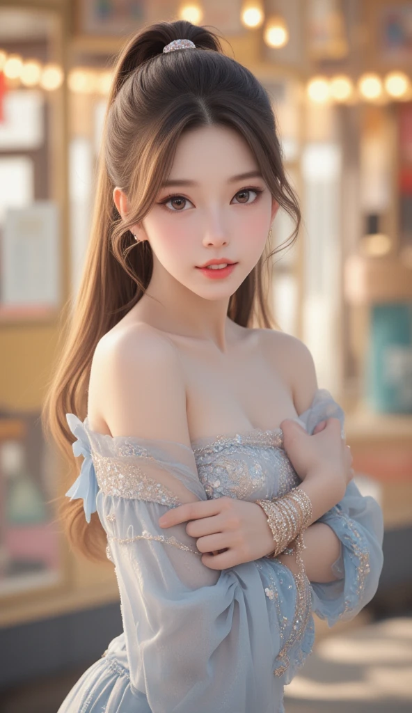 Beautiful white and shining skin、Blonde hair color that changes color depending on the light、long bangs between the eyes that obstruct vision、Highlights on the cheeks、Sexy and very beautiful lovely gorgeous face、the most beautiful face in the world、Super long gorgeous spare blonde hair、smooth straight hair、medium breasts、big and bright eyes、beautiful bangs、beautiful and cute girl、small face beauty、cheek gloss highlight