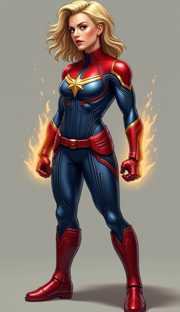 brie larson, medium hair, full body portrait, wearing captain marvel outfit, sexy, cleavage, breasts showing