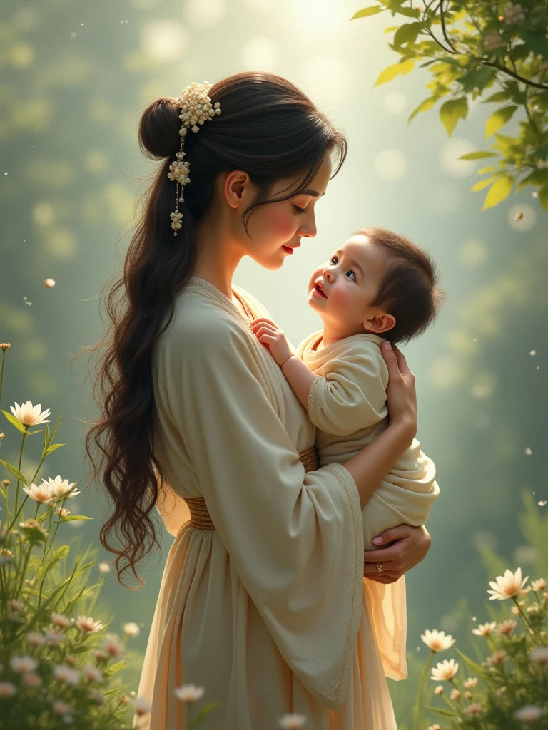 A beautiful girl with oval face, double eyelids, high nose, long black hair, white skin. She is holding a cute baby girl