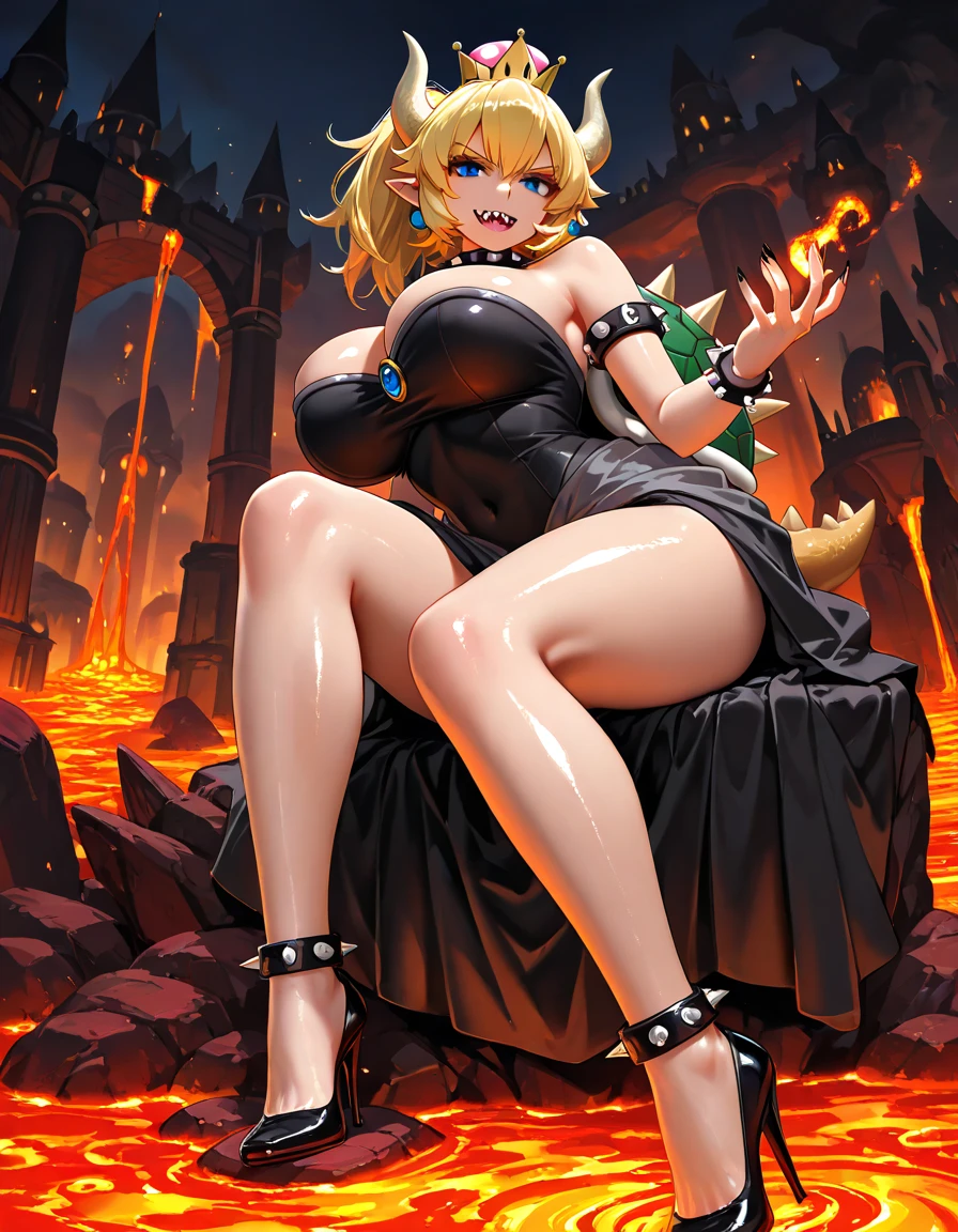 Bowsette, into a volcano lava bath, seductive position, sexy, sweating body, sensual look, intense look, sensual smile, detailed face, black dress. Masterpiece, UHD, ultra detailed