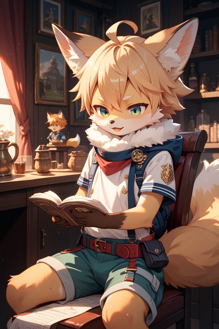 1boy,cat boy,(furry:1.5),light blue fur,blue eyes,blonde hair,body fur,literature,open cardigan,shorts,solo,flat chest,petite,short hair,delicate muscle line,(thick thighs:0.5),collar,sfw.