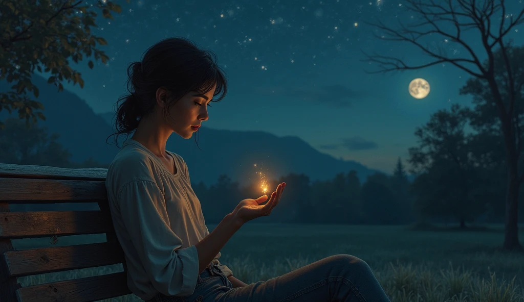 girl reading a book next to her lamp behind a fence in a flower field by the starry night