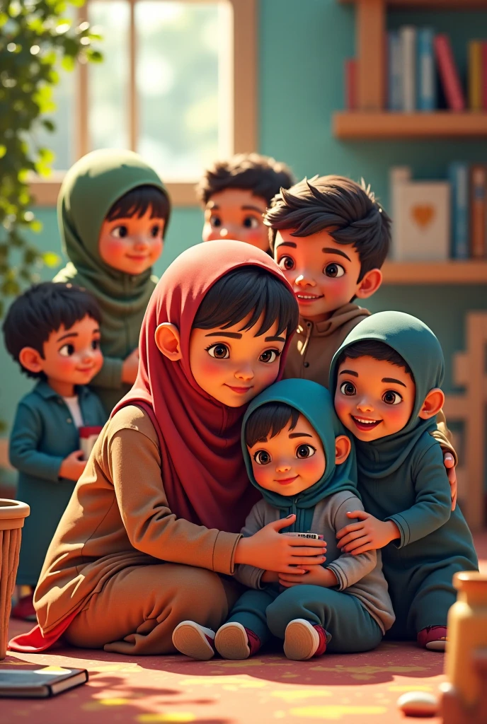 Quintuplets ( 4 boy 1girl ( hijab girl ) the girl in the Middle and 2 boy on left the girl and 2 more boys on the right girl