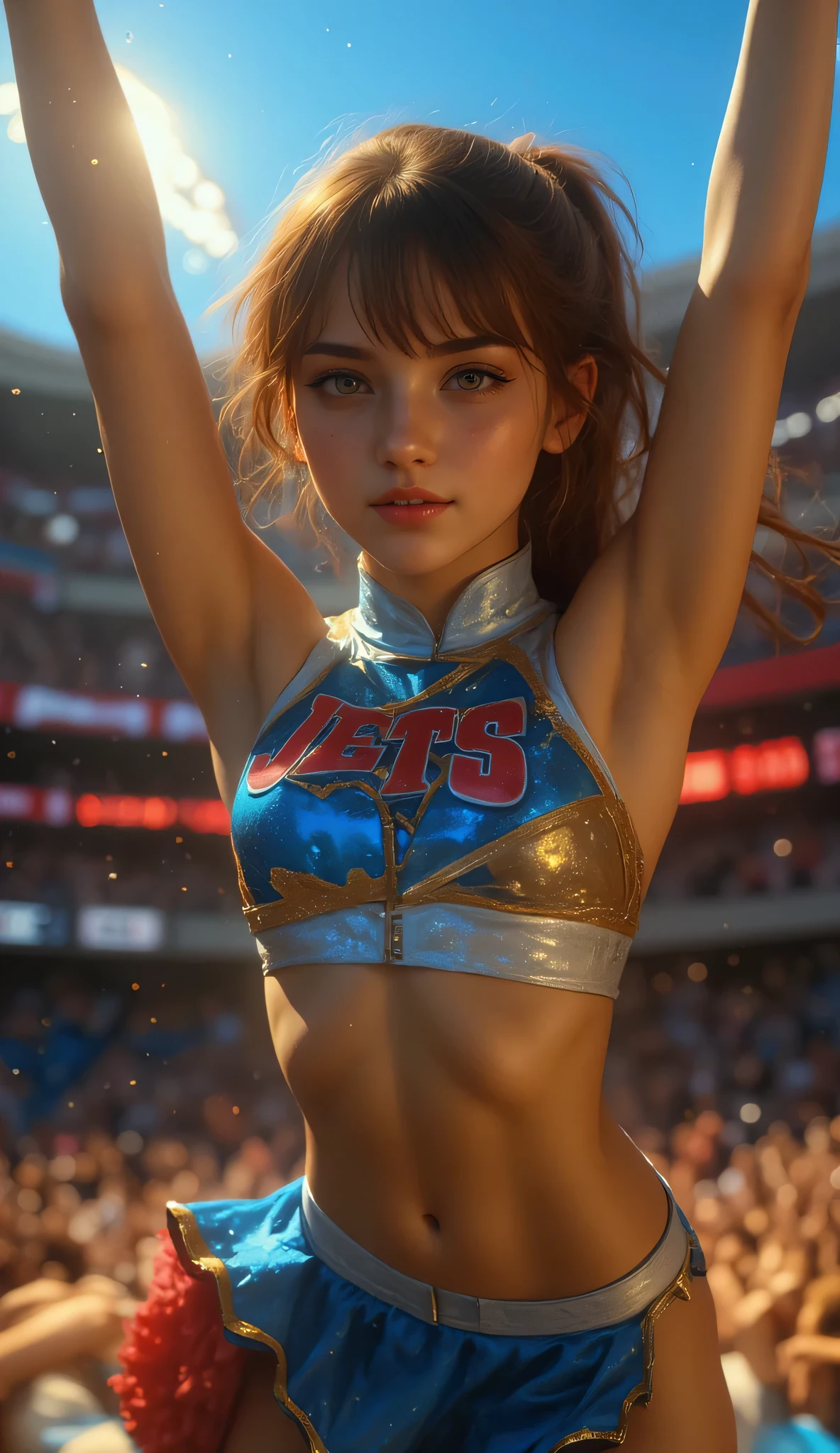 one girl, ((18 years old girl:1.1)), (A girl performing cheerleading dance in mid-air during a split jump), ((Highest quality)), ((masterpiece)), (detailed), ((very detailed face)), High resolution photograph, Good light, (realistic photo shoot:1.1), (Beautiful Delicate Eyes and Lips ), Best Shadow, so delicate and beautiful, beautiful tan skin, smile, open your mouth, ponytail brown hair, bangs, brown eyes, The girl has long flowing hair, Good light, sunshine, (((She wears a metallic Sky Blue cheerleader uniform with metallic gold trim))), (She is dressed in a Sleeveless uniform with a skirt and pom-poms in each hand), ((wearing a skirt and a Women's Sky Blue cheer shorts)), (no socks on), Wearing white shoes, (The characters "JETS" are written in red with a white border on the chest:1.2), The background is a bright sports arena with cheering spectators, she is smiling with her legs fully extended in a split jump, showing her flexibility and athleticism, The lighting is bright, emphasizing her graceful motion and energy, muscular body, She is showing off her six-pack abs, (full body portrait),
