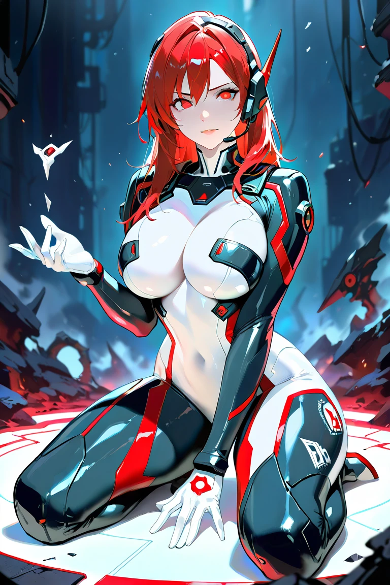 (masterpiece:1.2, best quality), (extremely detailed CG unity 8k wallpaper, masterpiece, best quality, ultra-detailed, best shadow), (finely detailed beautiful eyes: 1.2), (1 girl), ((cyborg, high-tech)), (long straight crimson hair:1.2)