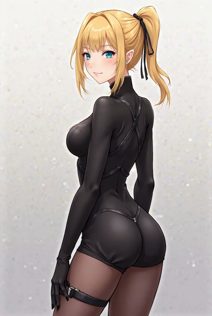 High resolution, Very detailed, perfect lighting, beautiful detailed eyes, ((masterpiece,Best Quality)), absurdities, alone, princess zelda, by the width, crown braid, Hair clip, pointy ears, corset azul, long sleeves, Gloves without fingers, black gloves, tight latex pants, smile, curves, nod, , deep neckline, deep neckline, NSFW, visible nipples, tight latex pants, view from behind, view from behind, big butt, big butt