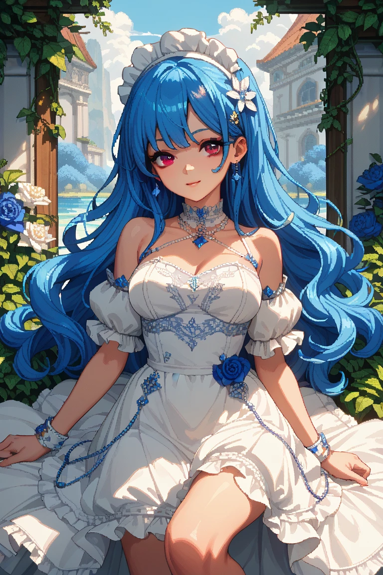 ((Highest quality)),(Ultra-high resolution),A dress with a flared skirt made of deep blue roses,Highly detailed CG Unity 8k wallpaper, , Earrings, Blue hair, Curly Hair, Blunt bangs, Straight bangs, Blue eyes, White skin, Gal, Improve、Her flat chest is hidden by her dress