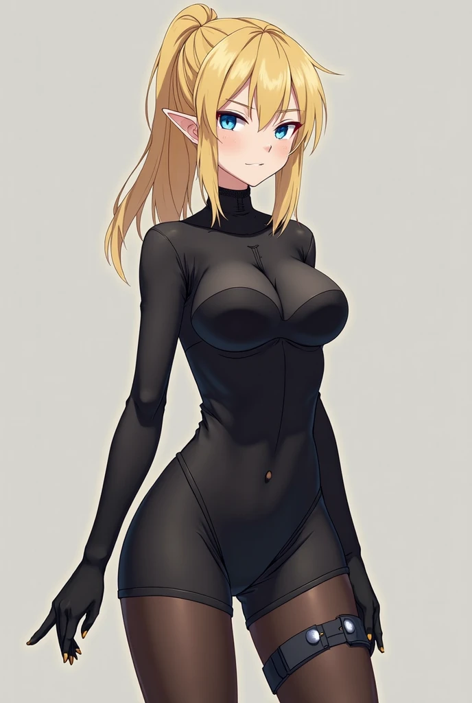 High resolution, Very detailed, perfect lighting, beautiful detailed eyes, ((masterpiece,Best Quality)), absurdities, alone, princess zelda, by the width, crown braid, Hair clip, pointy ears, corset azul, long sleeves, Gloves without fingers, black gloves, tight latex pants, smile, curves, nod, , deep neckline, deep neckline, NSFW, visible nipples, tight latex pants, Primer plano frontal, Primer plano frontal, Session, Session, in front of the camera
