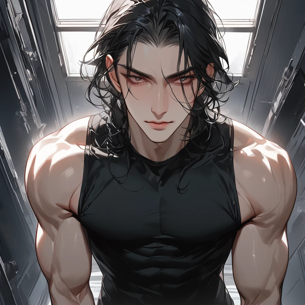Pale and tall metalhead boy, medium muscles, long black hair, facciones finas piel blanca con ojeras, white eyes with small pupils, shirtless and making a punk sign