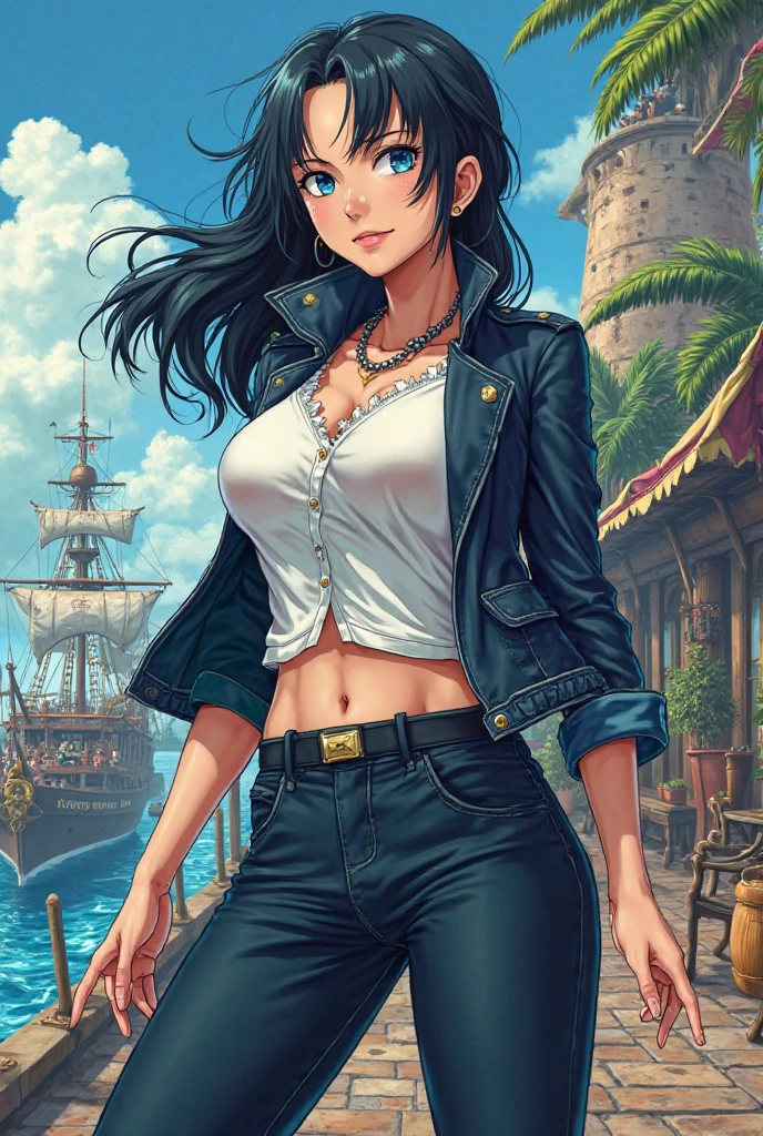 2d anime, woman, nico robin from one piece, street, long black hair, sunglasses on head, jeans, leather open jacket, cleavage, stomach, posing, sexy, fair skin, (best quality, masterpiece, highres, ultra detailed),