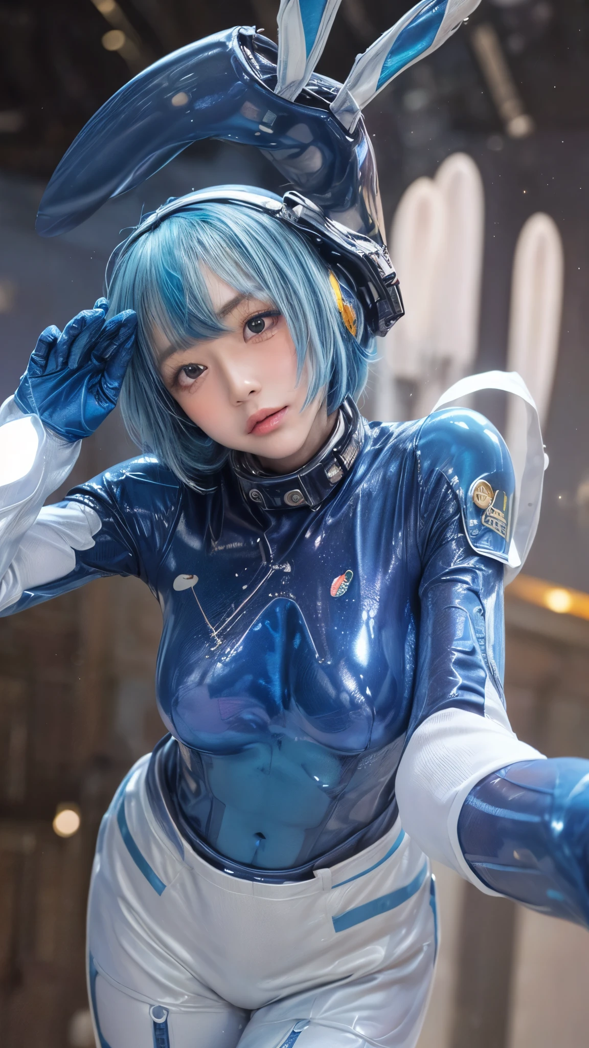 ((Viewfinder target:1.6)),1 girl、(((shy slightly blushed face,2-tiered bun hair, beautiful, Shiny light blue hair :1.6),silver mesh )),((Face and body soaked in hot water and sweaty:1.3,beautiful legs:1)),((Gestures that invite the viewer:1)、((futuristic space suit with rabbit ears :1.8)),((The blue futuristic spacesuit:2)),21 years old,(beautiful accurate young hand:1,normal breasts:1.3),(top quality,masterpiece:1.3,I can see pink pussy on Super A high resolution,),(very well detailed,caustics),(photorealistic:1.4,RAW shooting) Ultra Realistic Capture ,very detailed,high-resolution 16K human skin close-up。 natural skin texture、, pores 、、、、、、、、teeth、must be detailed enough to be easily identified。 skin teeth must be uniform, healthy shades of human skin 。 Use natural light and color, sad expression, perfect center part, (((white cosmic space with nothing:1.9,blurry background:1.4))),nffs,((cool pose:1.5))、(( Taken from directly below :1.6))