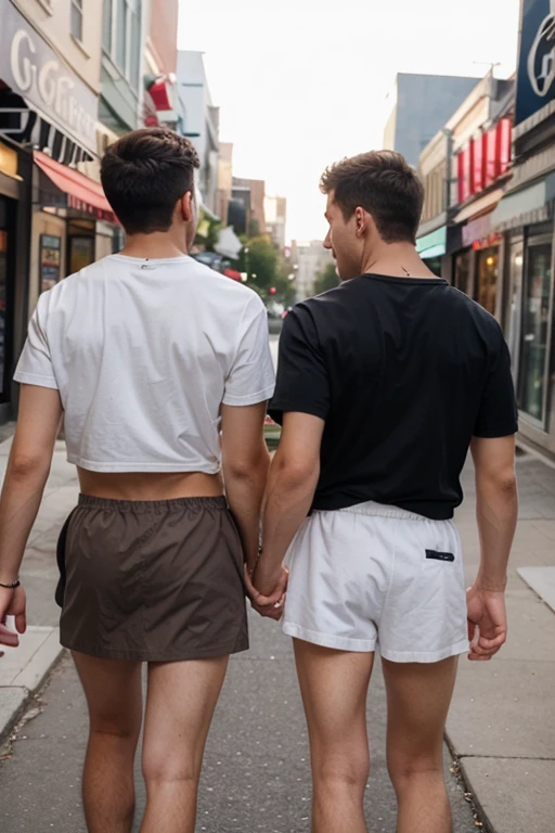 two white boys outside a coffee shop shirtless with white and red sneakers and a red hat
