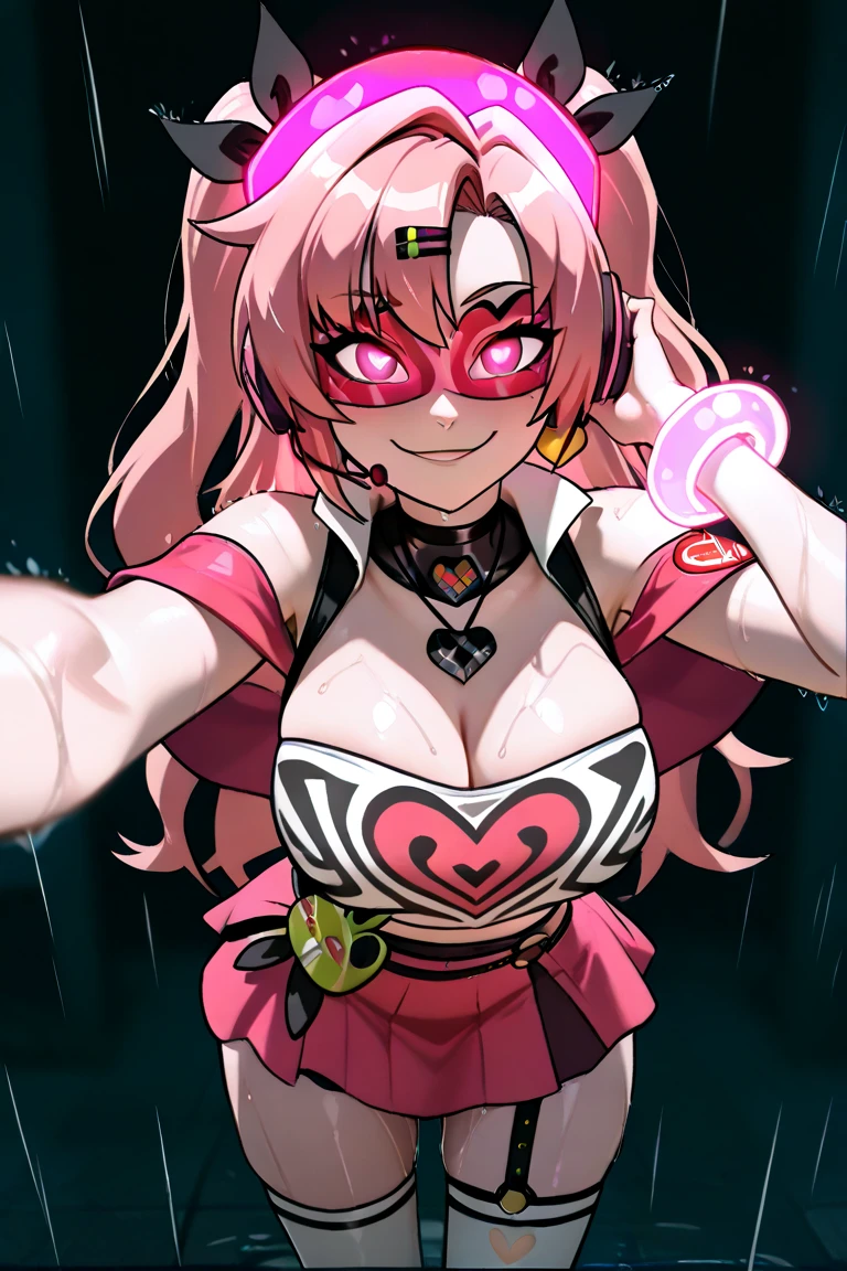 Succubus　pose of temptation　erotic body　　cute face　fascinating face　pose with arms outstretched　heart mark　slight smile　pink hair　eyes are hearts　4-arm　charm magic　Angle from above