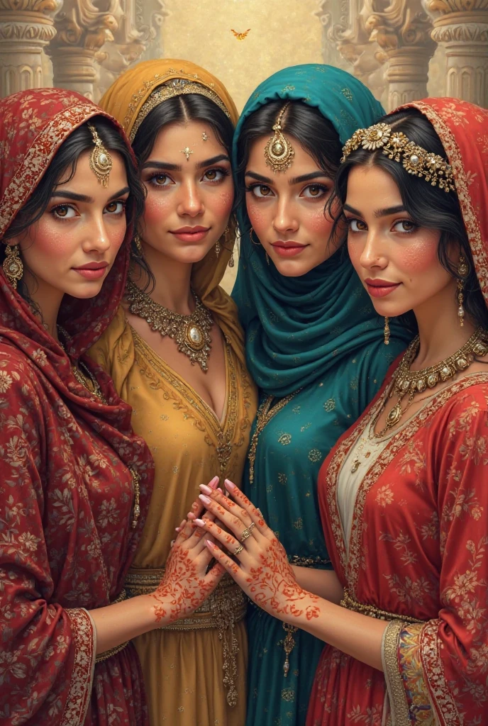 Shot from above, Extremely detailed, women, elven, Pakistani women, bride, surrounded by bride maids, beautiful body, wearing traditional (navy blue and golden), beautiful huge size breast, beautiful face, extremely detailed greenish gray eyes, lowering gaze, light pink lips, open mouth smile, golden brown skin, sitting on bench, luxury interior
