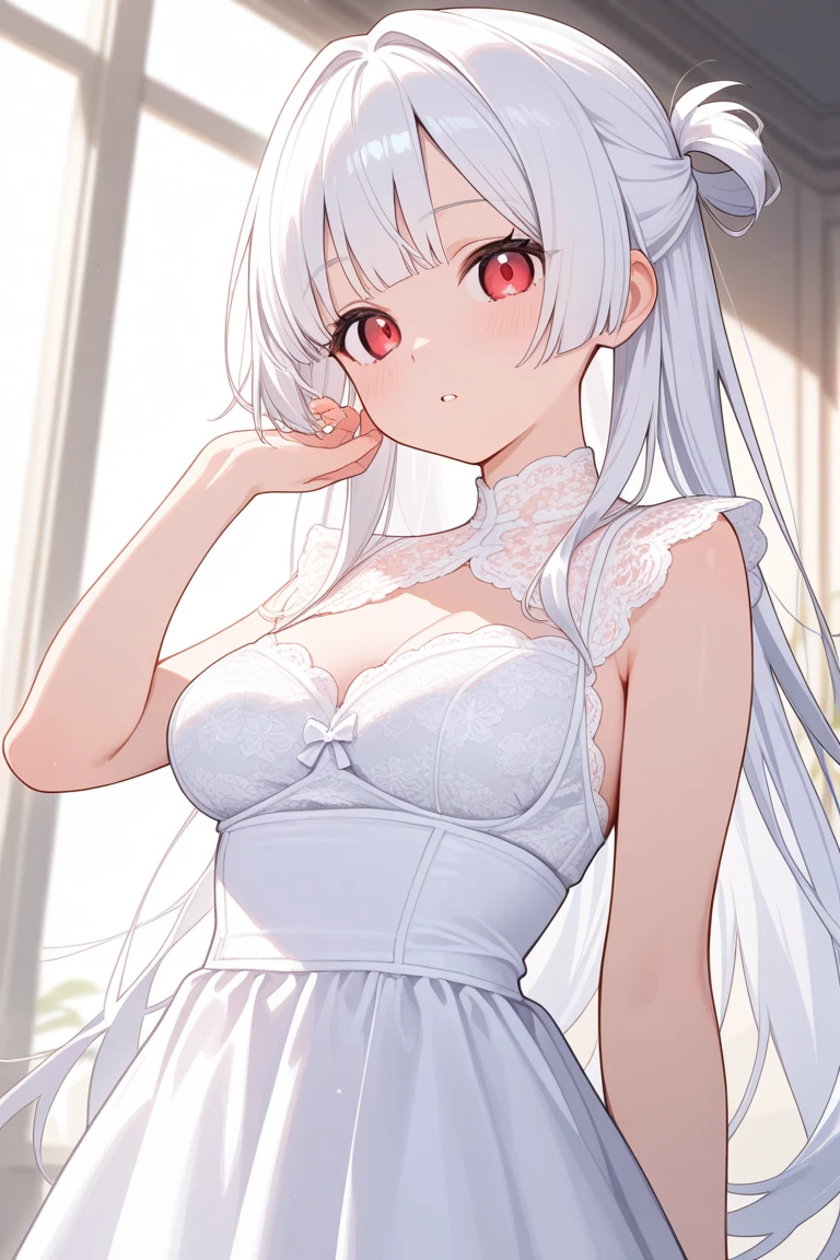 anime, (masterpiece, best quality, ultra-detailed), (graveyard background), (beautiful detailed face), high contrast, 1 girl (solo, happy face, mature girl, slim body, (silver hair with pink tips):1.1, long hair, high detail eyes, glowing red eyes, fox ears, (white negligee))