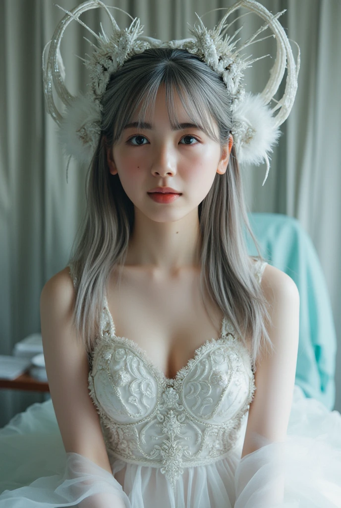 Solitary, 1 Girl, masterpiece, best quality, Extremely detailed, movie lighting, Intricate details, High resolution, Official Art, Delicate and beautiful face and eyes,White-haired girl,Naked,Fair skin,Breast protrusion